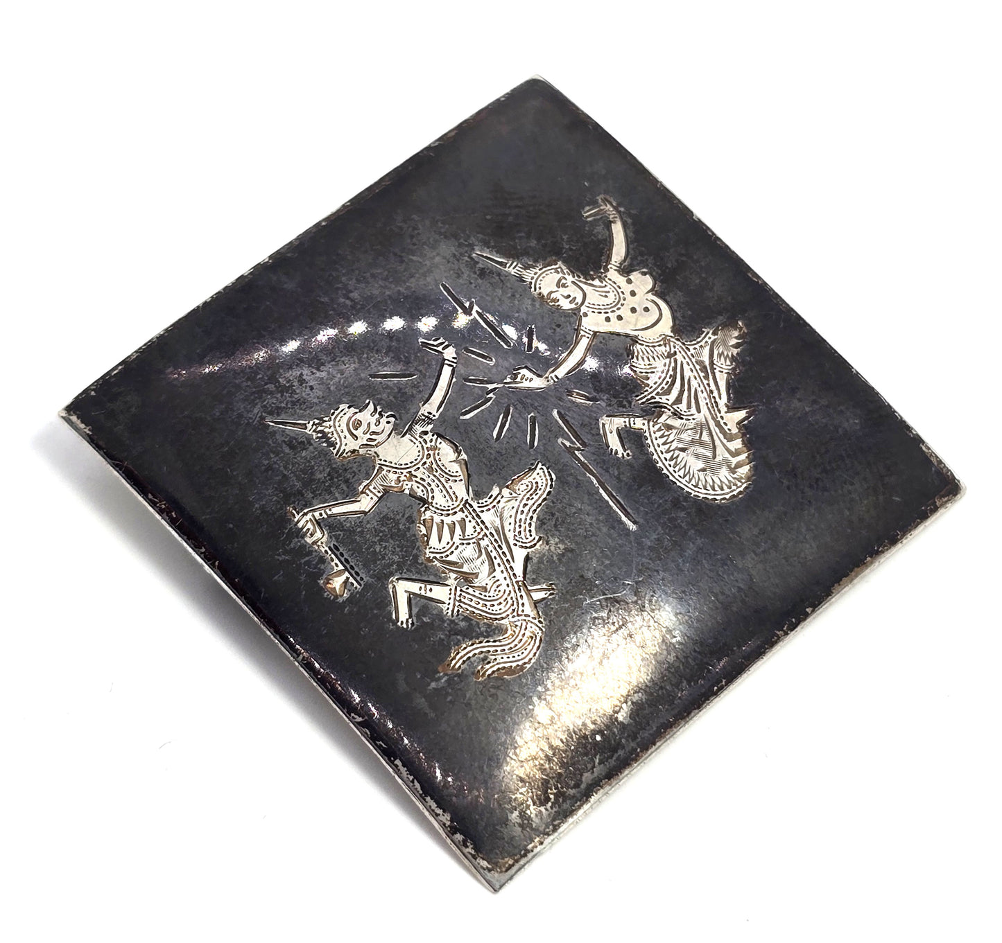 Siam Diety dancing goddess sterling silver black Nielloware vintage brooch