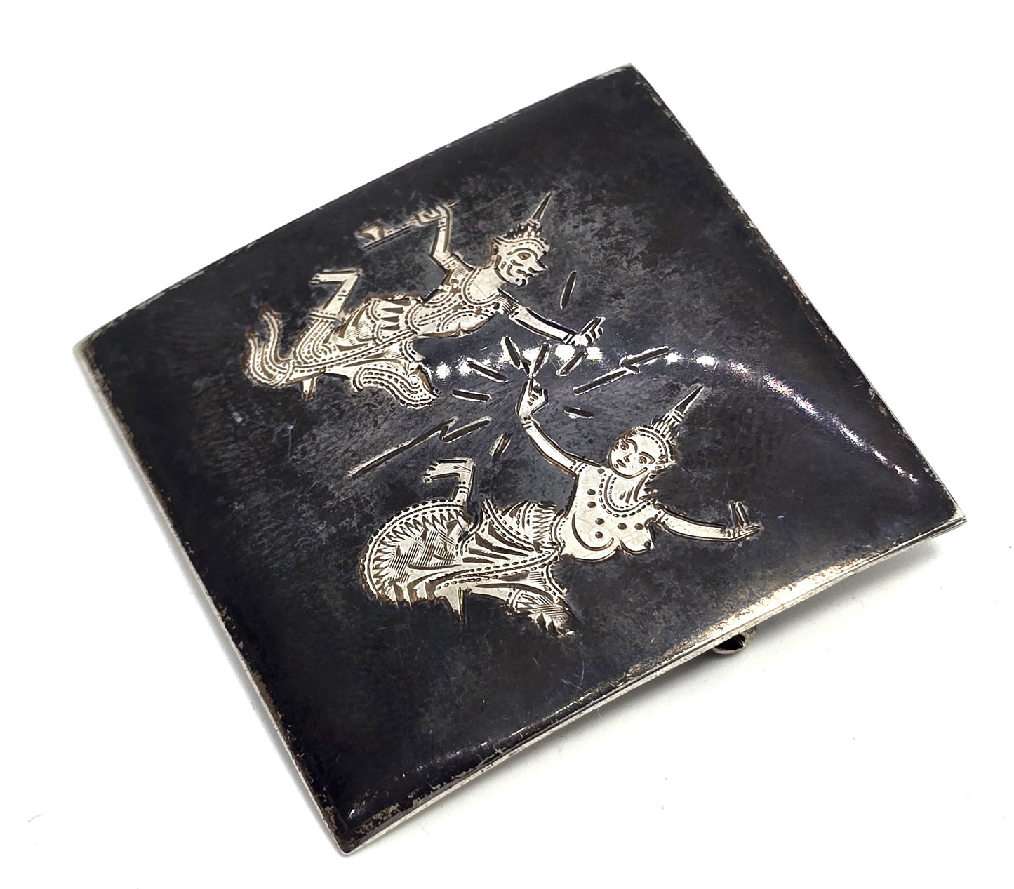 Siam Diety dancing goddess sterling silver black Nielloware vintage brooch