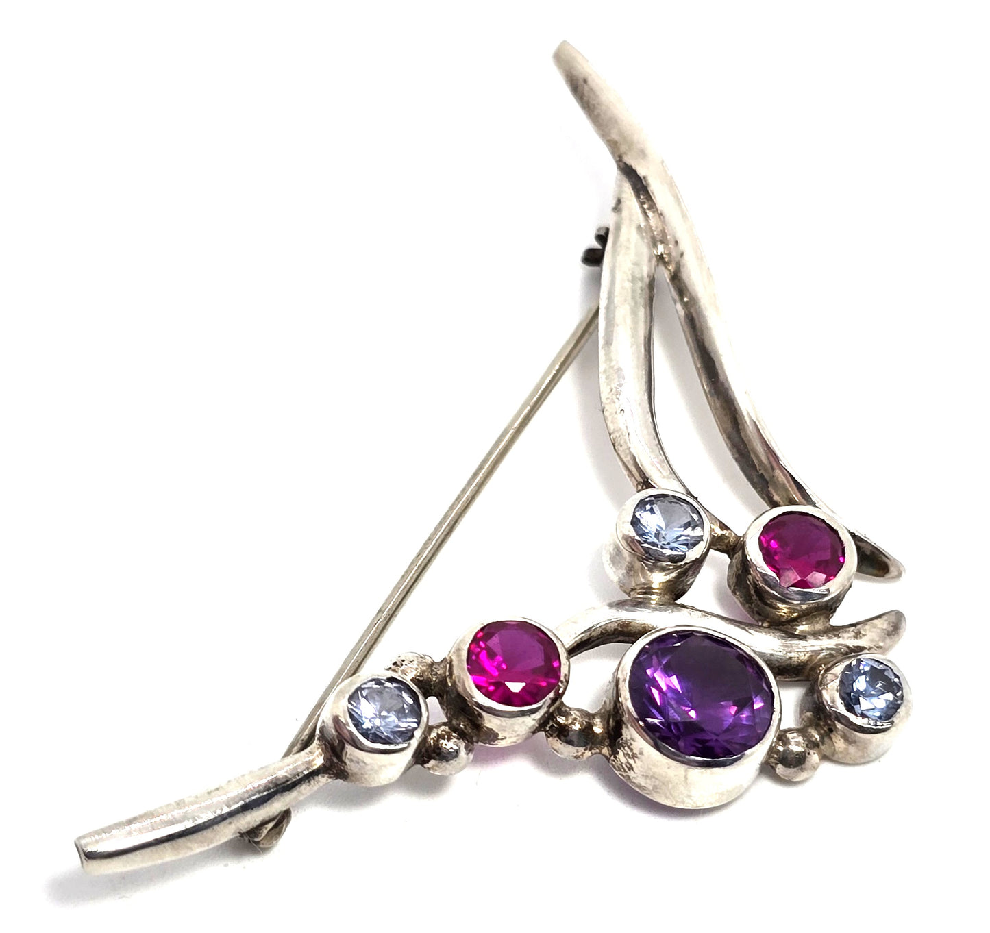 Large multi gemstone abstract sapphire aquamarine sterling silver brooch