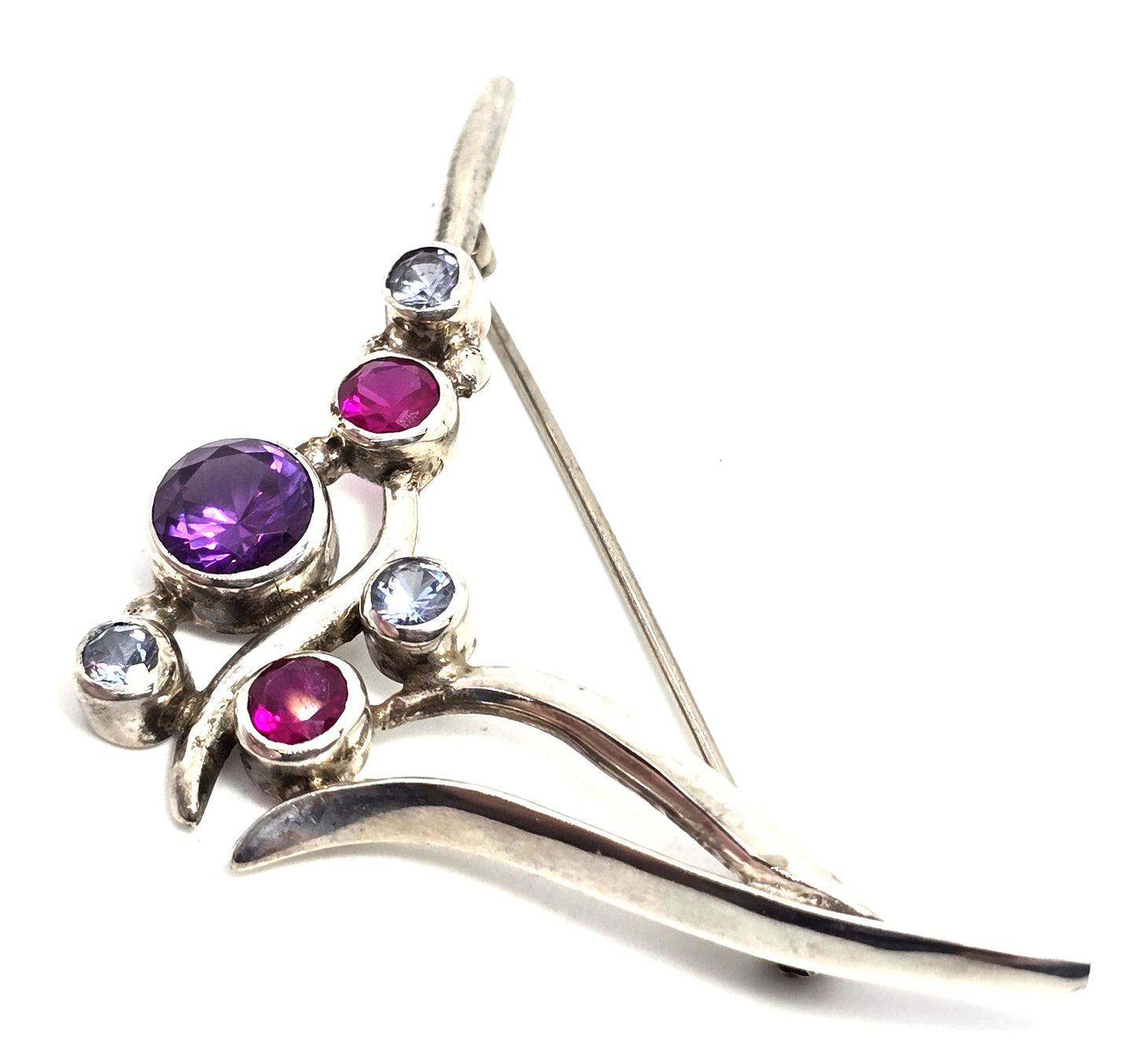 Large multi gemstone abstract sapphire aquamarine sterling silver brooch