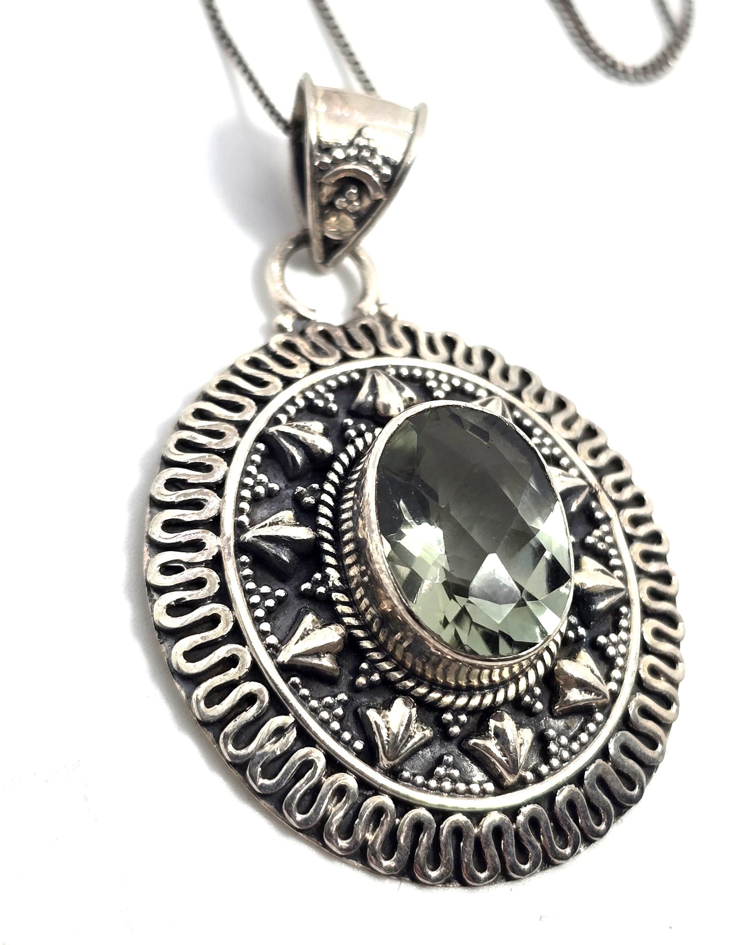 PTI Prasiolite green amethyst gemstone India sterling silver pendant necklace