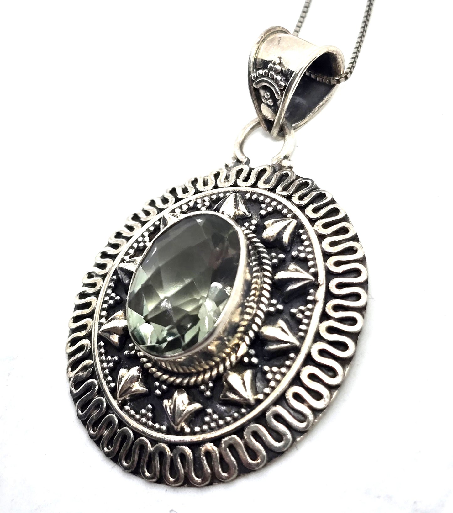 PTI Prasiolite green amethyst gemstone India sterling silver pendant necklace