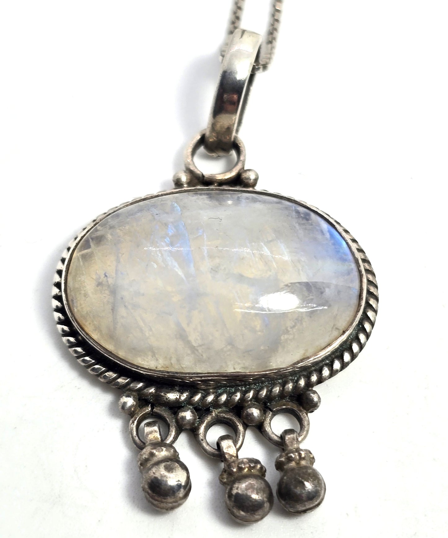 Rainbow Moonstone Large Flashy gemstone tribal bell sterling silver necklace