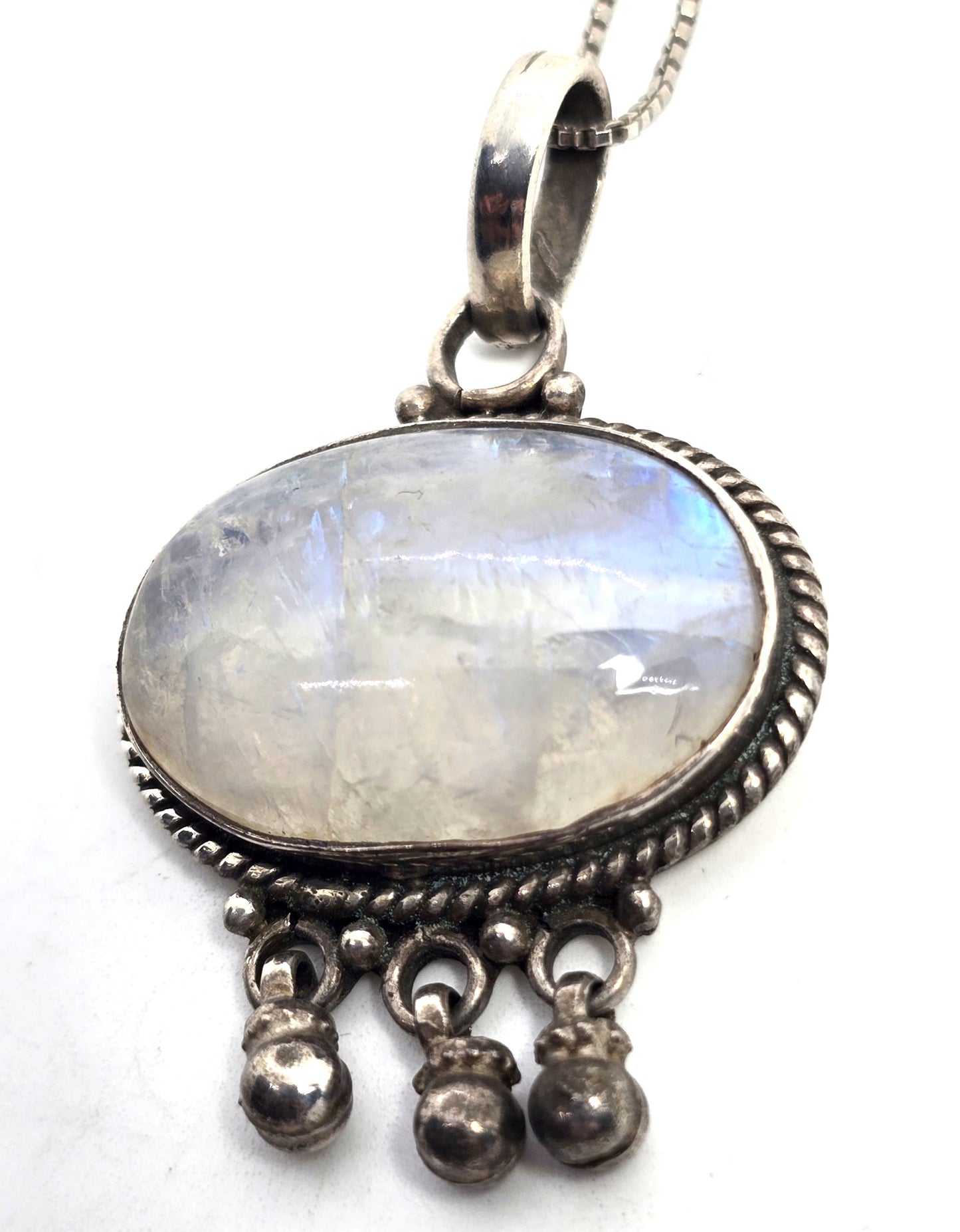 Rainbow Moonstone Large Flashy gemstone tribal bell sterling silver necklace