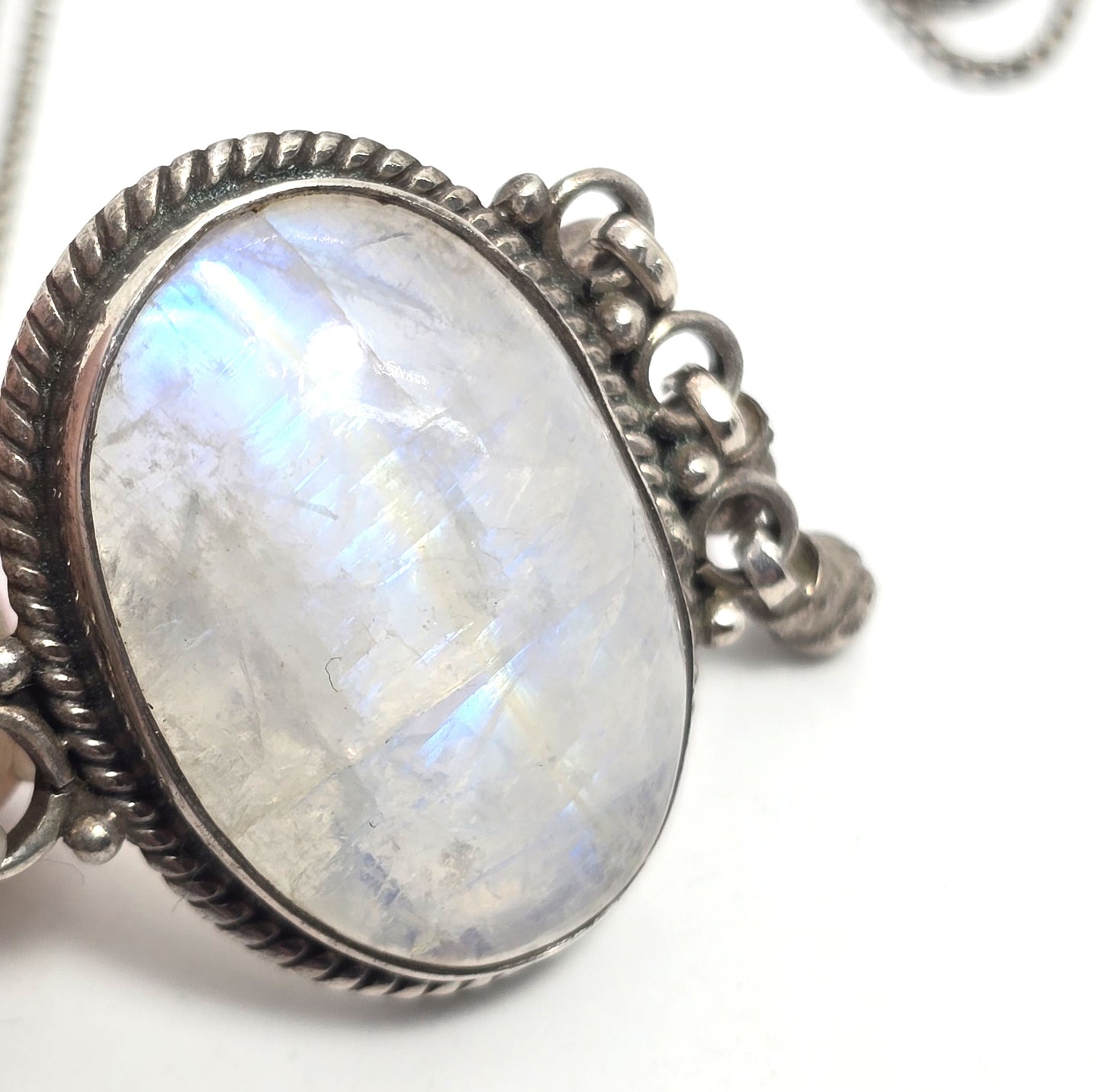 Rainbow Moonstone Large Flashy gemstone tribal bell sterling silver necklace