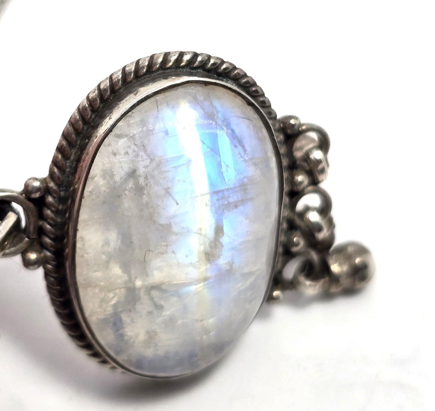 Rainbow Moonstone Large Flashy gemstone tribal bell sterling silver necklace