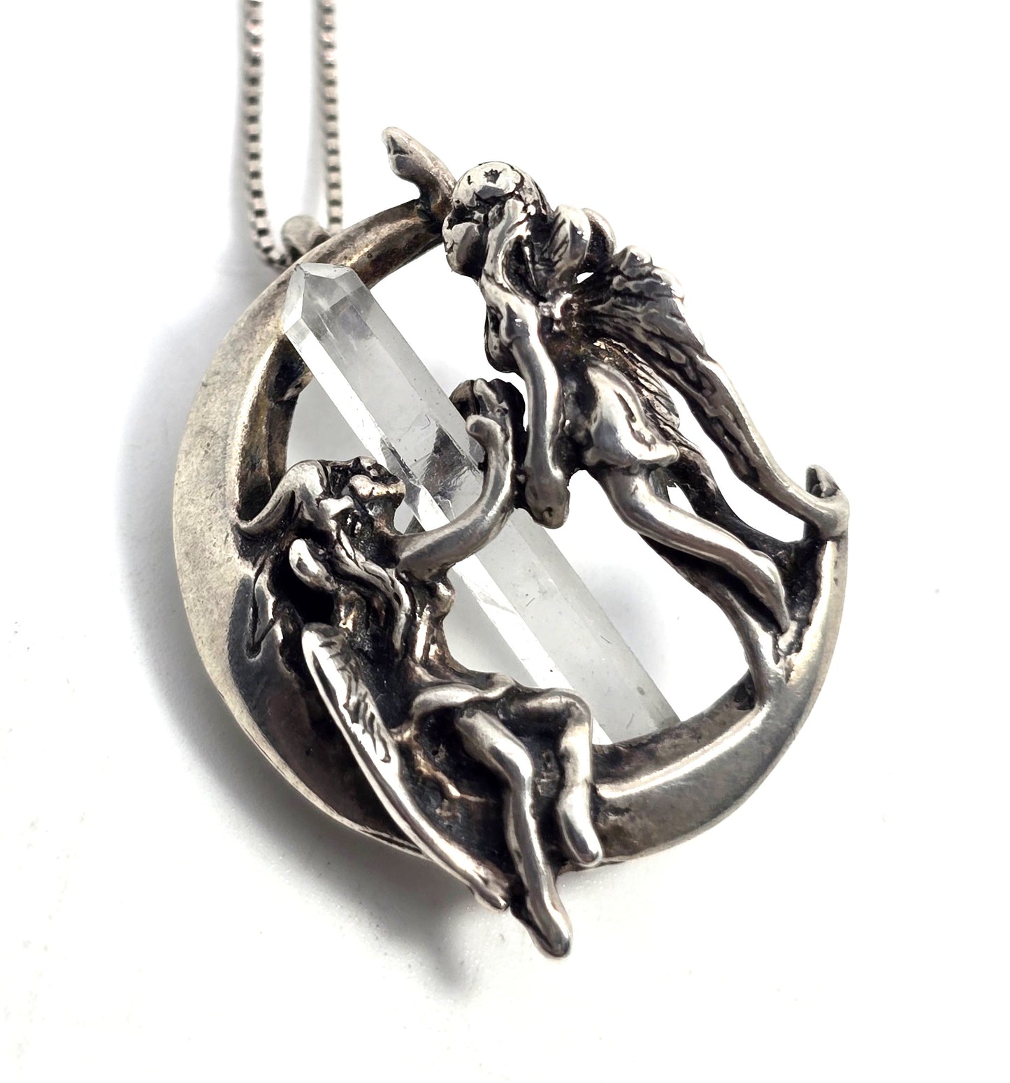 Angel and devil crescent moon terminated quartz sterling silver vintage necklace