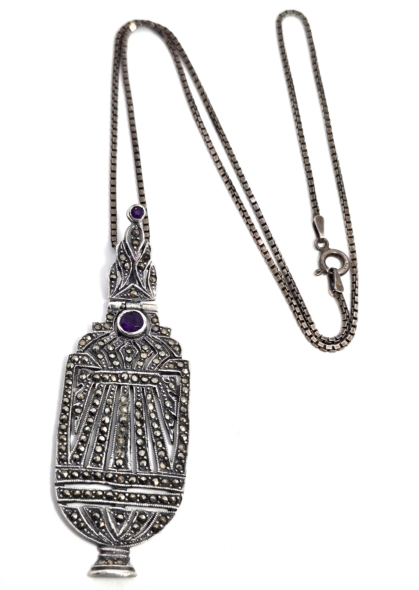 Art Deco purple amethyst and marcasite vintage sterling silver vessel necklace