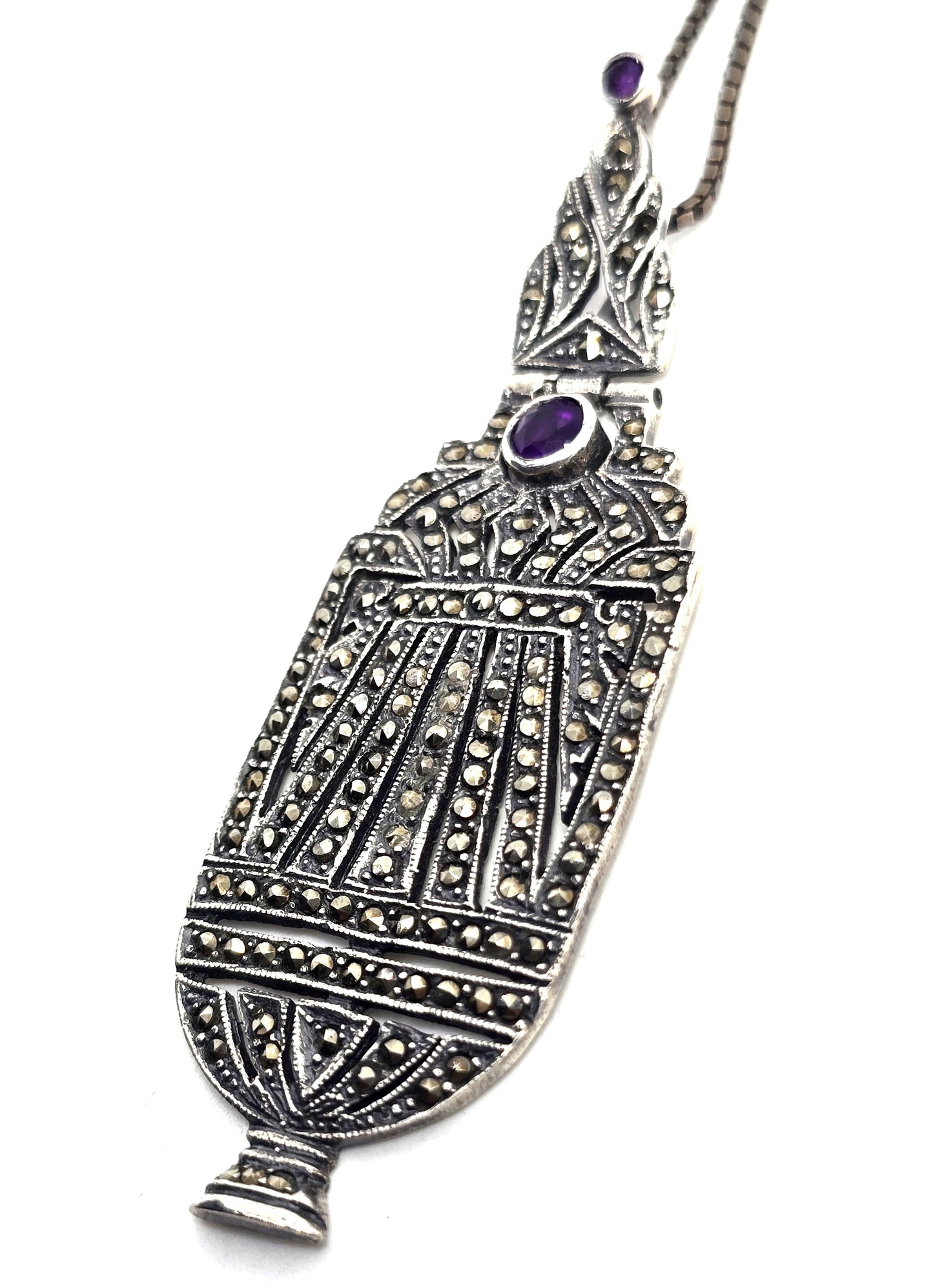Art Deco purple amethyst and marcasite vintage sterling silver vessel necklace