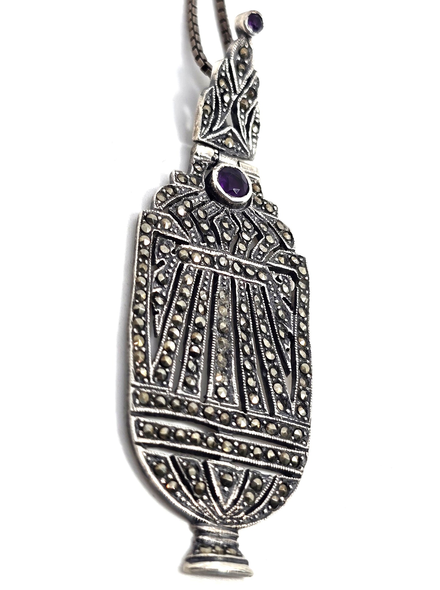 Art Deco purple amethyst and marcasite vintage sterling silver vessel necklace