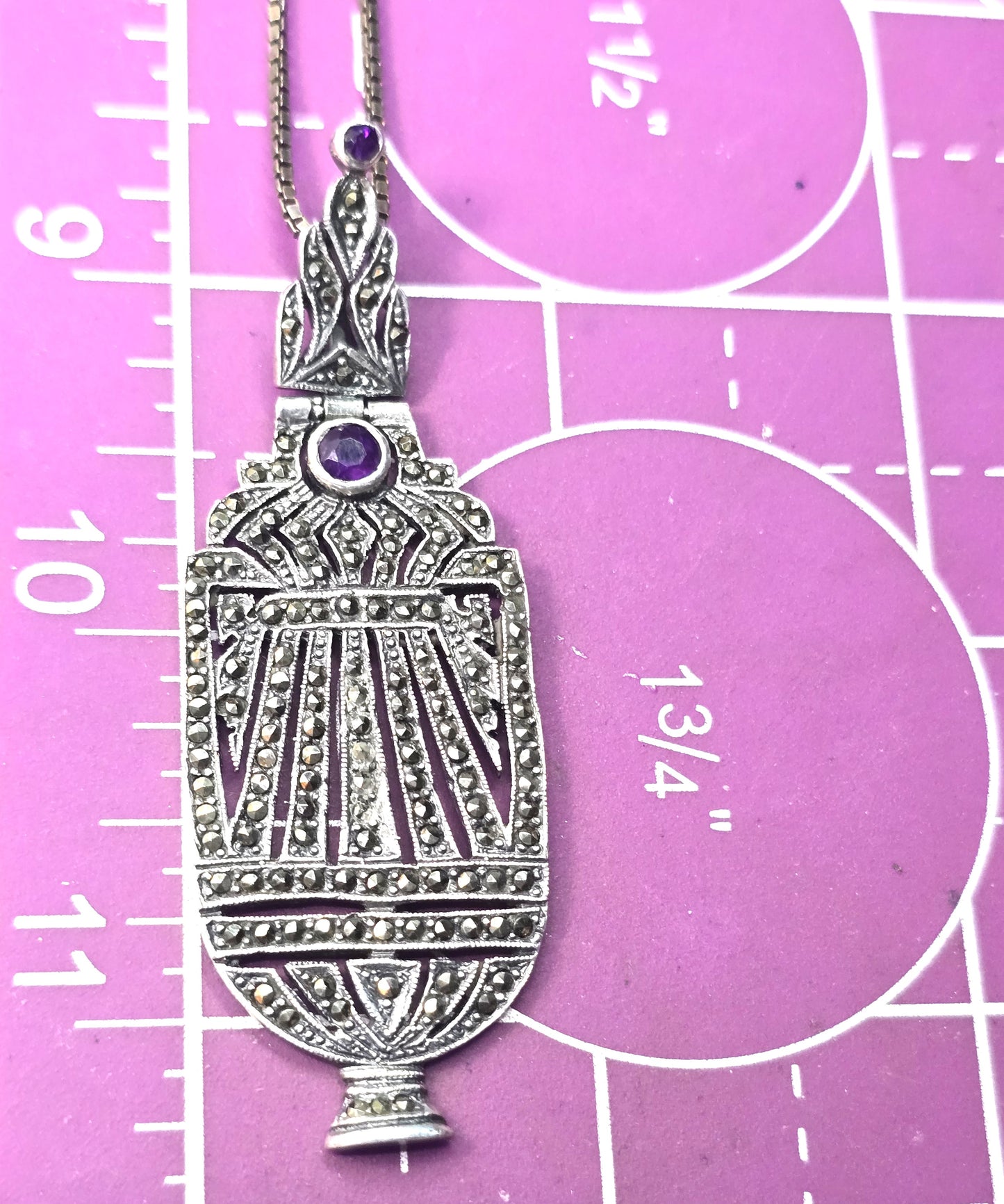 Art Deco purple amethyst and marcasite vintage sterling silver vessel necklace