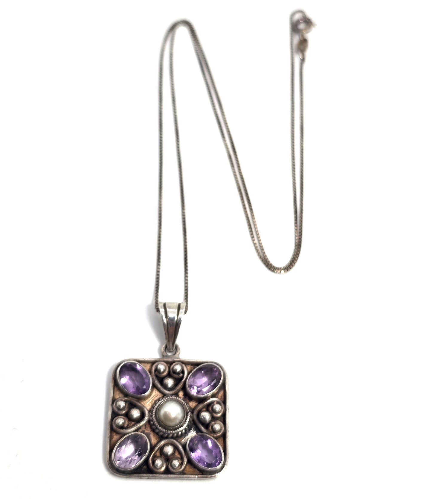 Amethyst and pearl gemstone heart mandala sterling silver pendant necklace