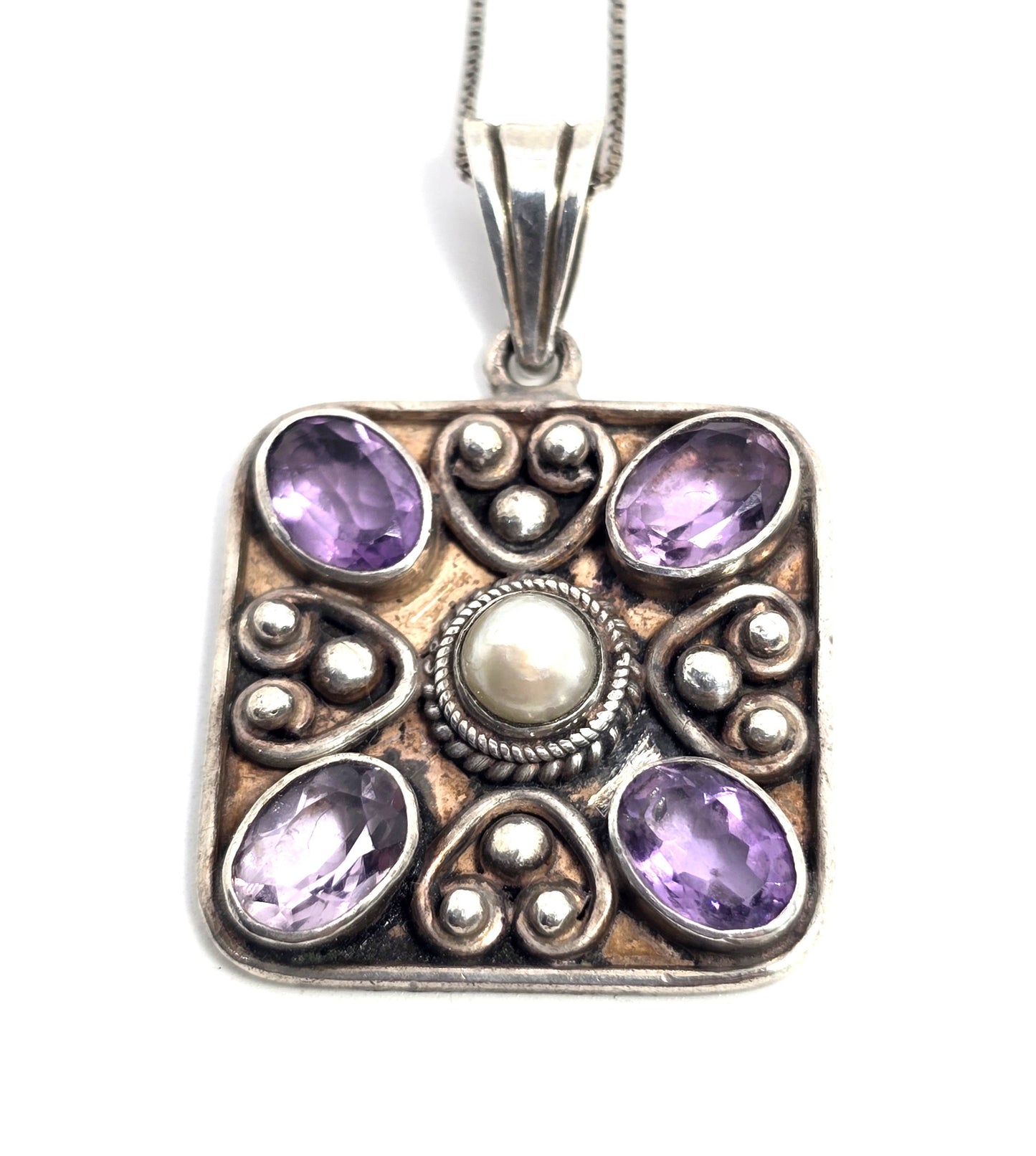 Amethyst and pearl gemstone heart mandala sterling silver pendant necklace