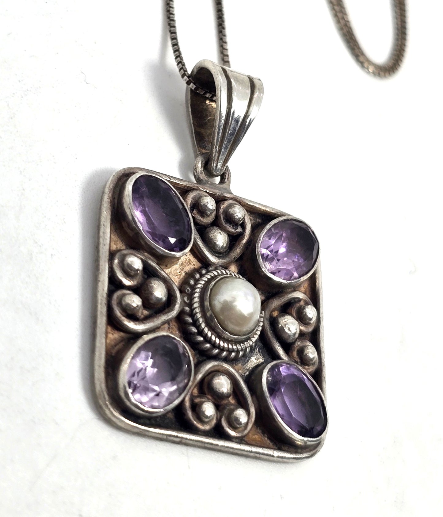 Amethyst and pearl gemstone heart mandala sterling silver pendant necklace