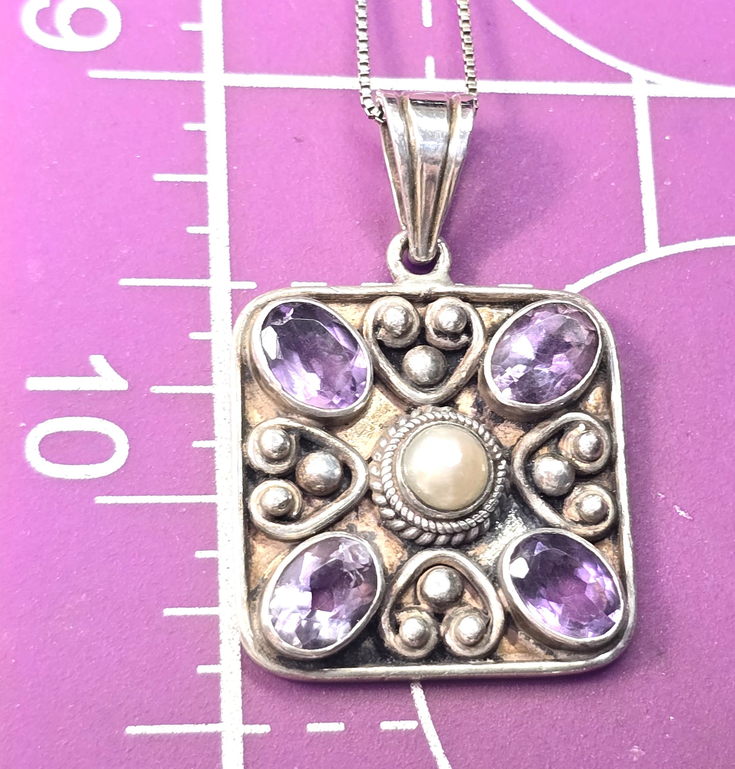 Amethyst and pearl gemstone heart mandala sterling silver pendant necklace