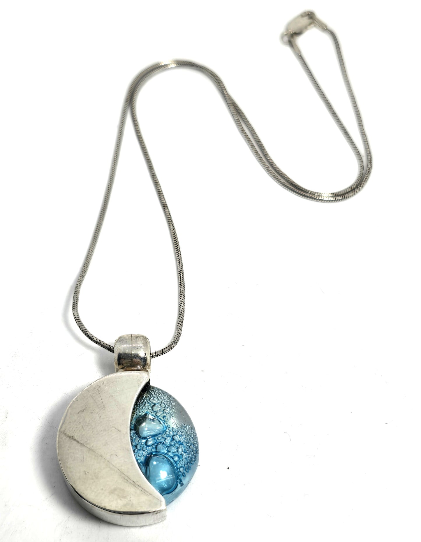Blue moon Celestial crescent moon blue art glass Sterling silver pendant necklace