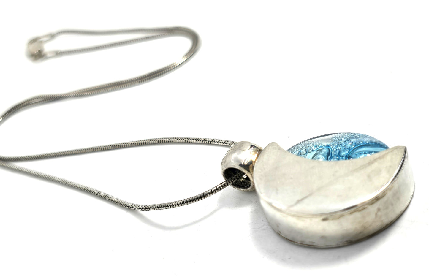 Blue moon Celestial crescent moon blue art glass Sterling silver pendant necklace