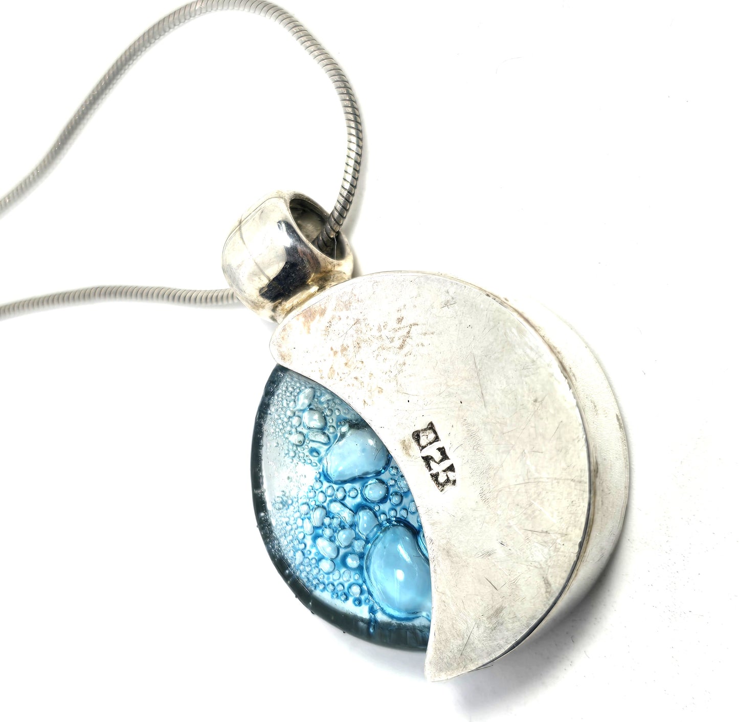 Blue moon Celestial crescent moon blue art glass Sterling silver pendant necklace