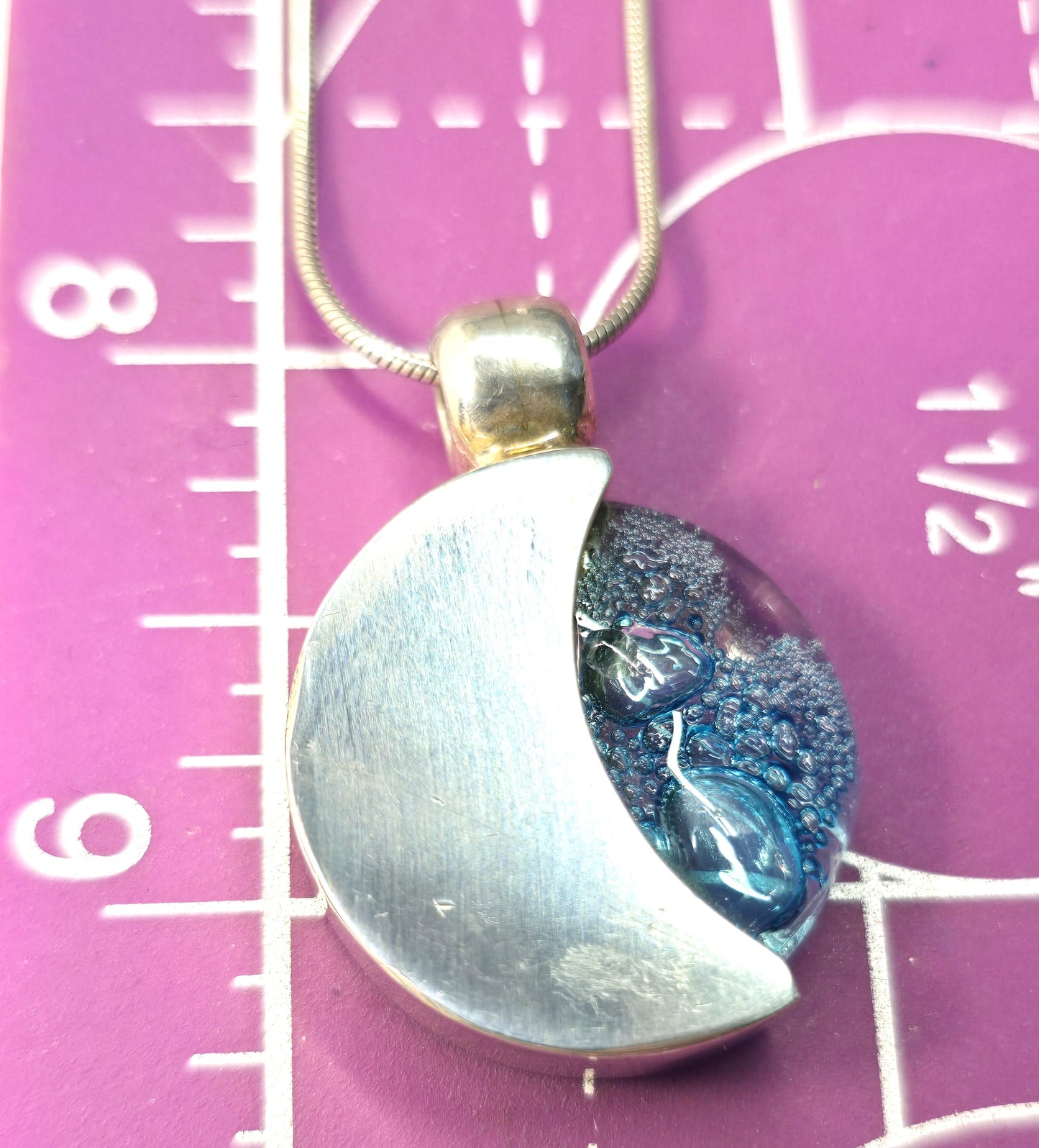 Blue moon Celestial crescent moon blue art glass Sterling silver pendant necklace