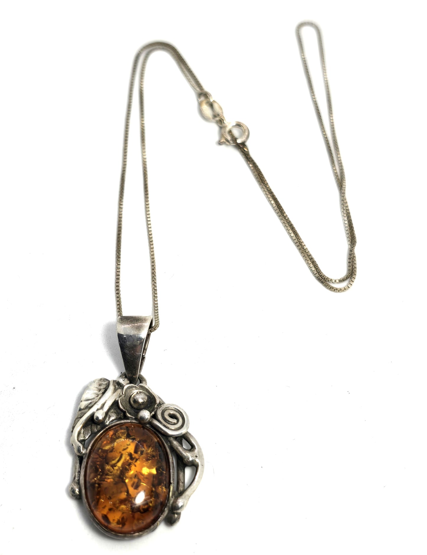 Baltic Amber abstract artisan flower sterling silver vintage pendant necklace