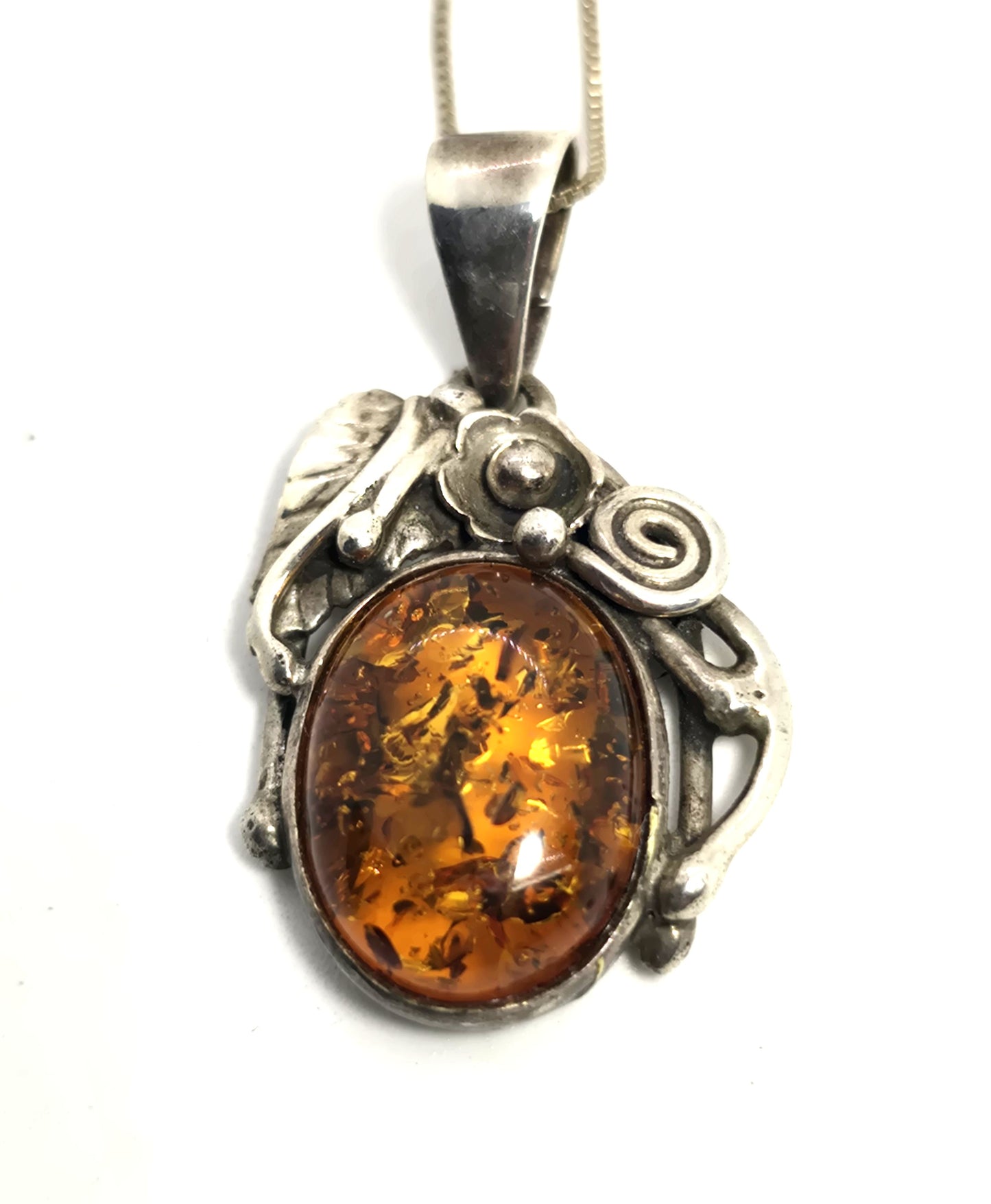 Baltic Amber abstract artisan flower sterling silver vintage pendant necklace