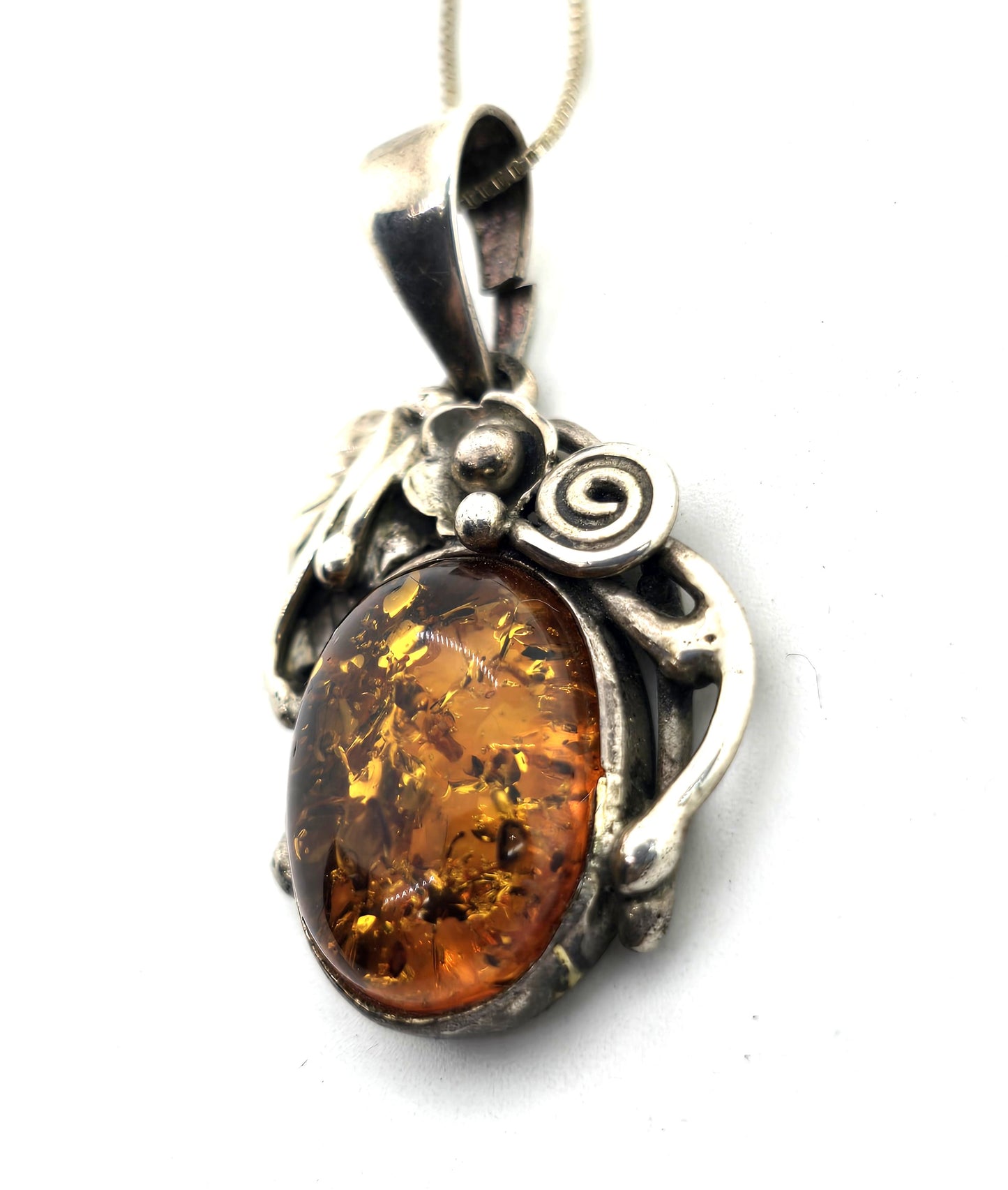 Baltic Amber abstract artisan flower sterling silver vintage pendant necklace