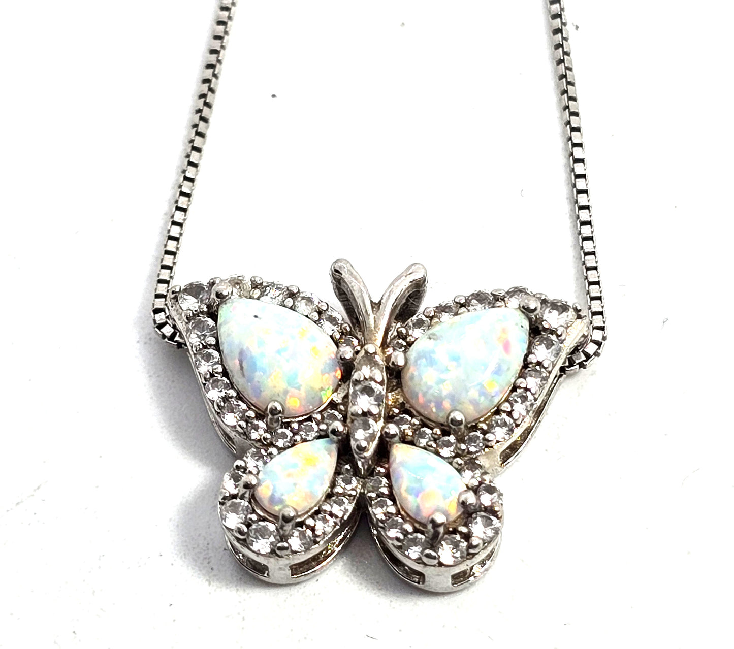 SUN White fire opal mosaic sterling silver butterfly cubic zirconia CZ pendant necklace