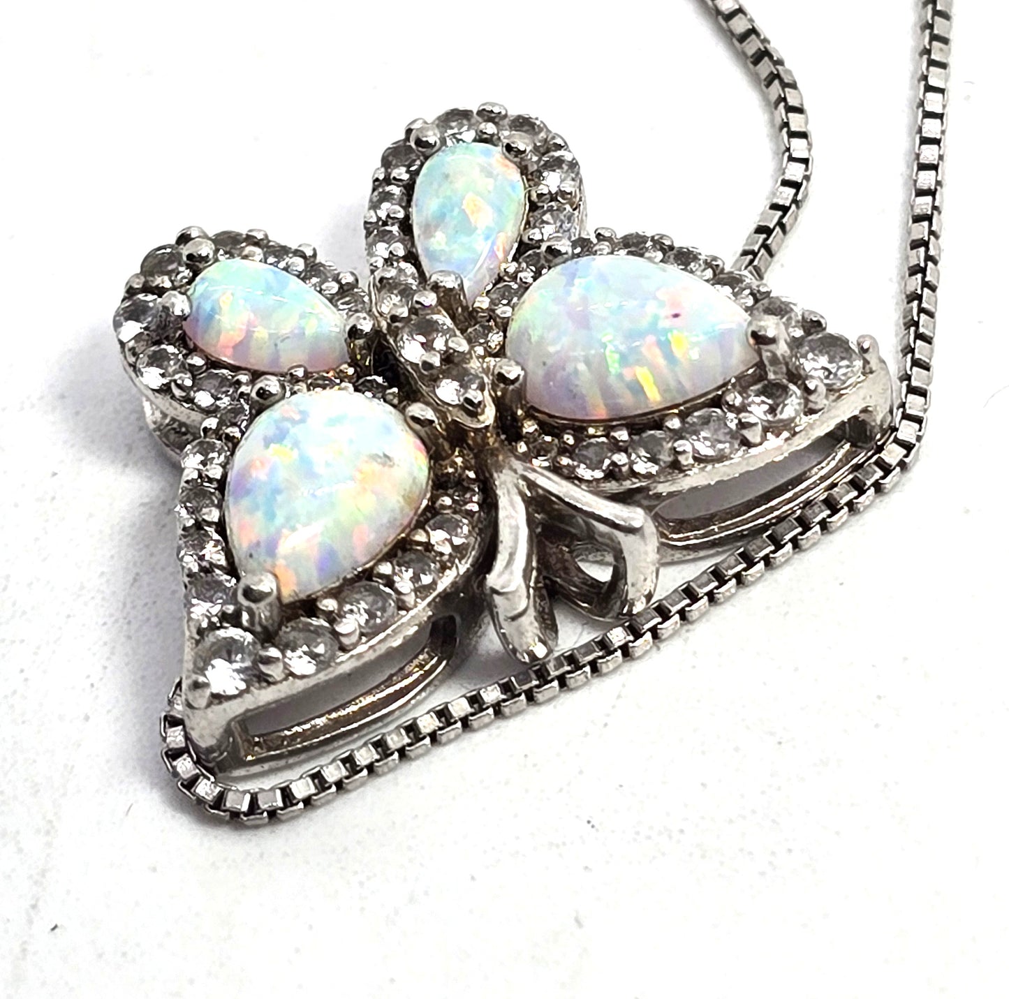 SUN White fire opal mosaic sterling silver butterfly cubic zirconia CZ pendant necklace