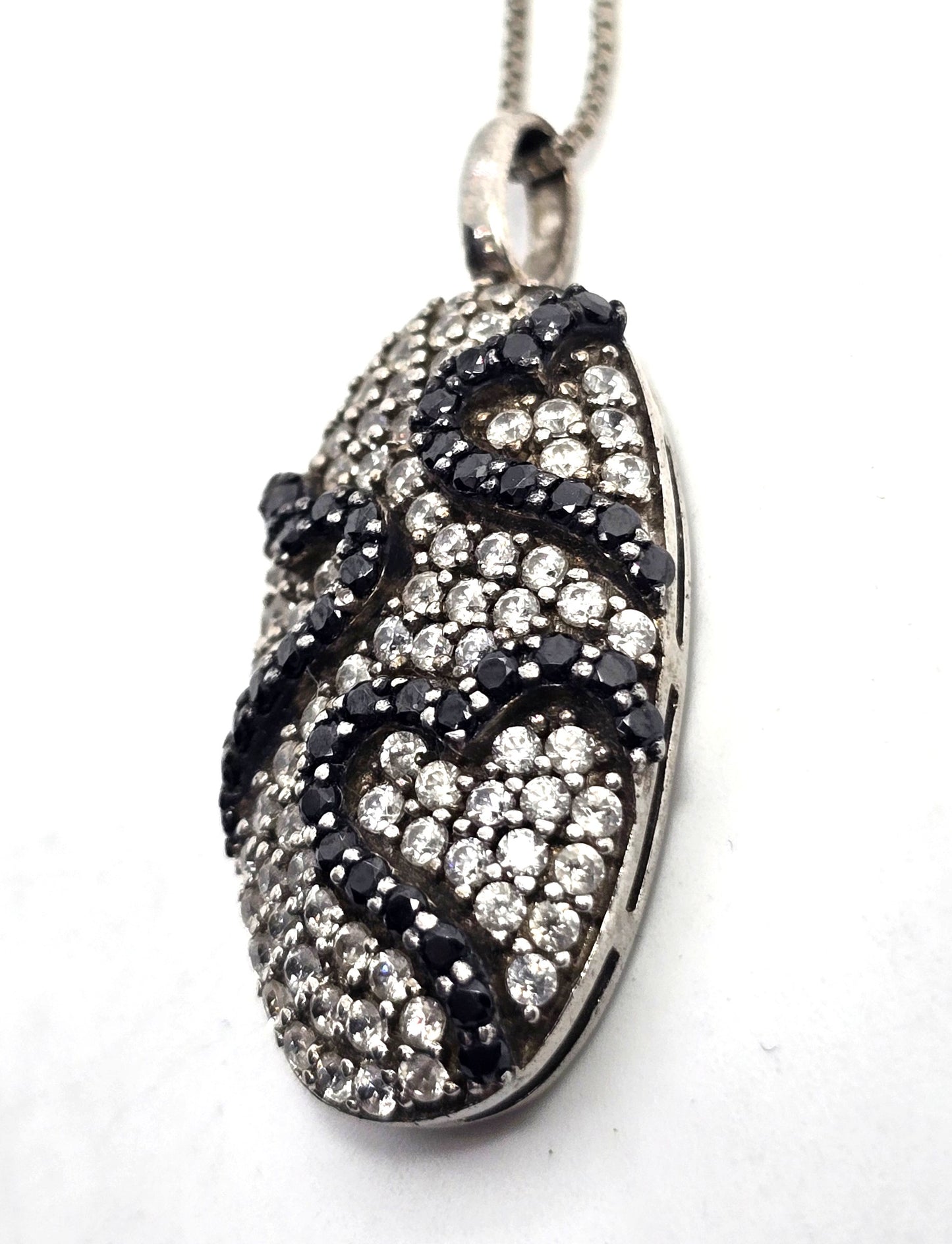 Triple heart black and white Cubic Zirconia HN signed sterling silver necklace