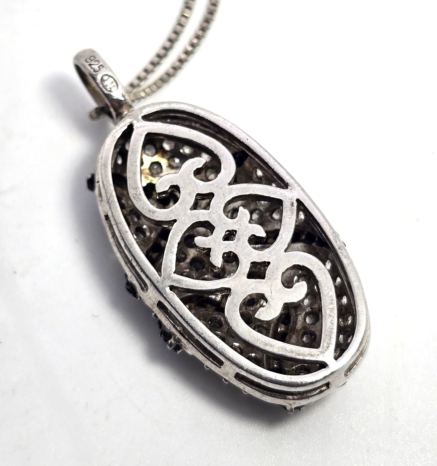 Triple heart black and white Cubic Zirconia HN signed sterling silver necklace