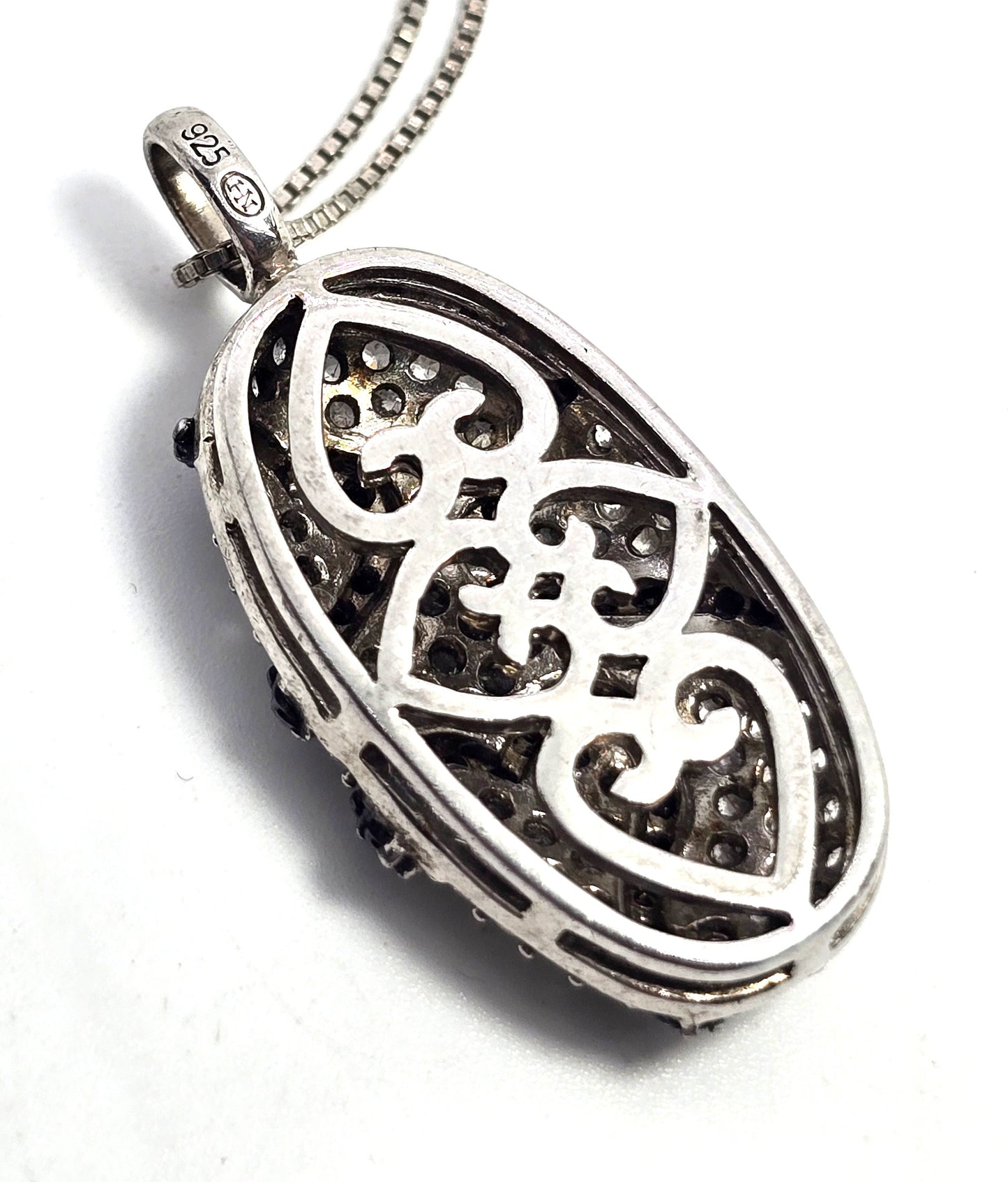 Triple heart black and white Cubic Zirconia HN signed sterling silver necklace