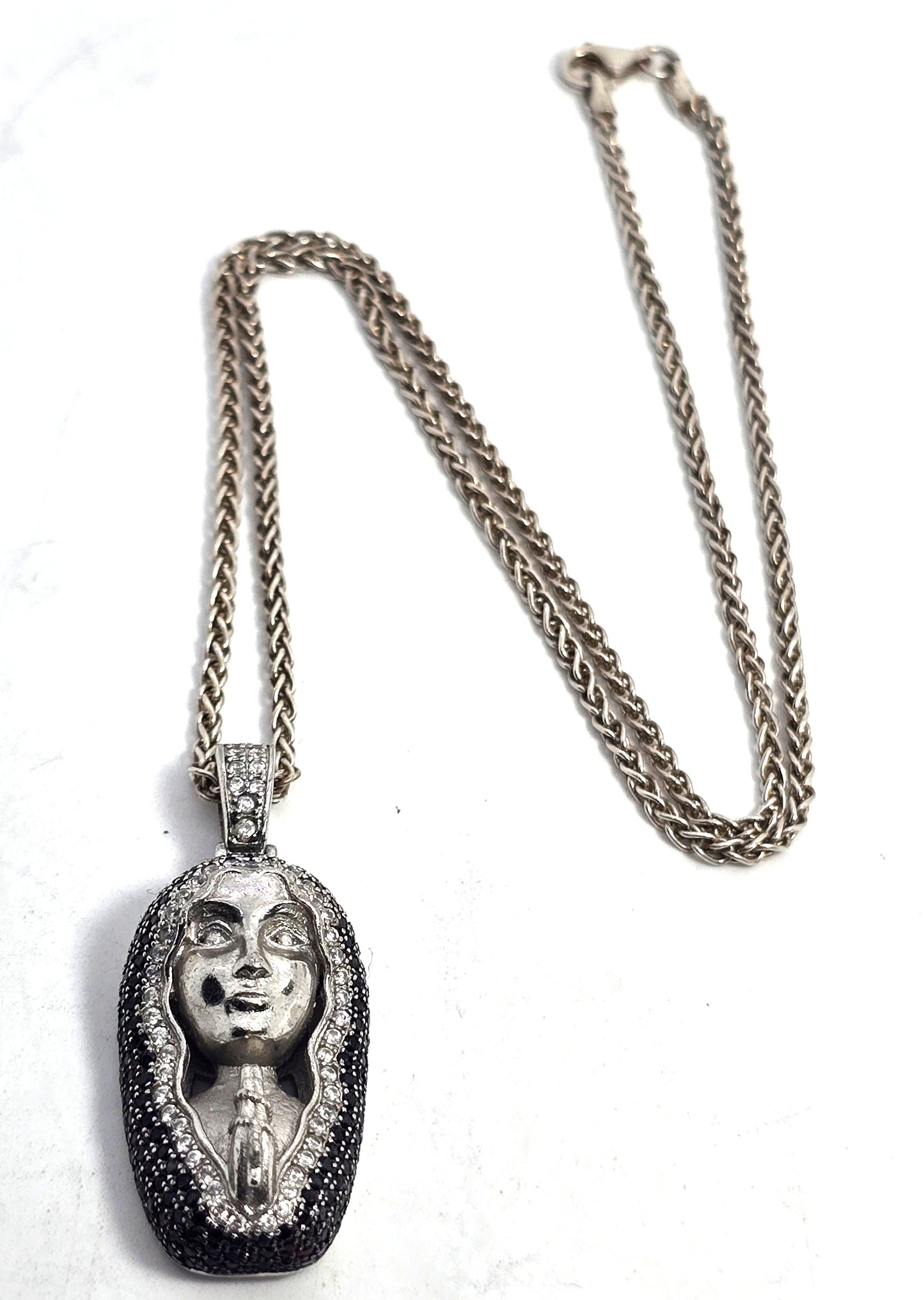 Madonna praying miraculous medal Mary black white Cubic Zirconia sterling silver necklace