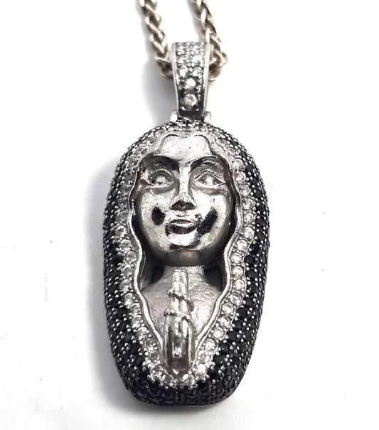 Madonna praying miraculous medal Mary black white Cubic Zirconia sterling silver necklace