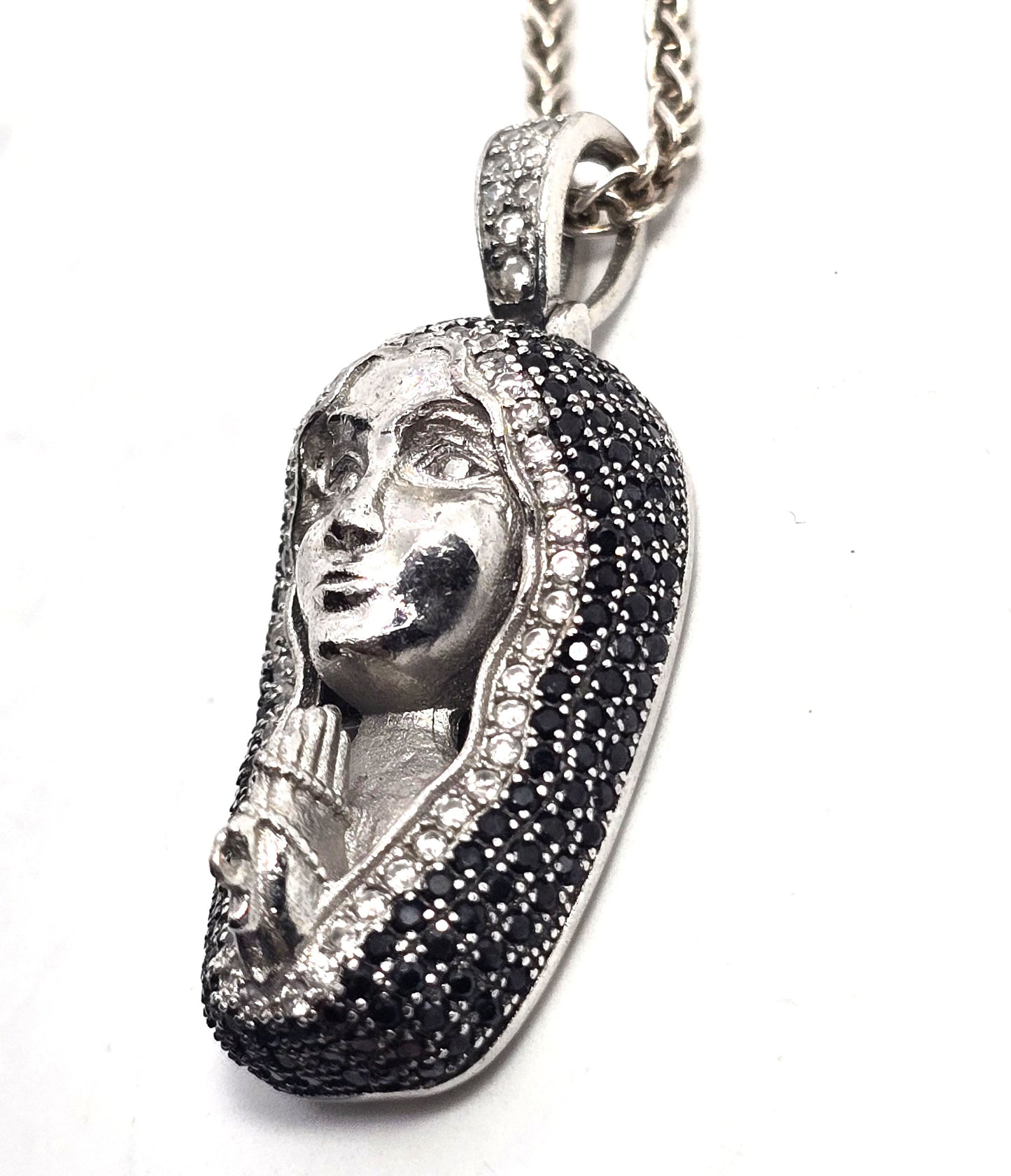 Madonna praying miraculous medal Mary black white Cubic Zirconia sterling silver necklace
