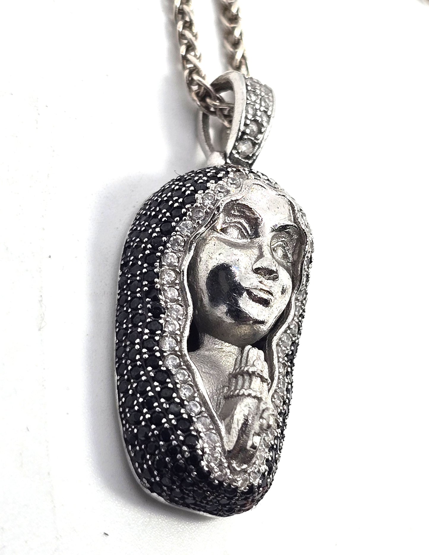 Madonna praying miraculous medal Mary black white Cubic Zirconia sterling silver necklace