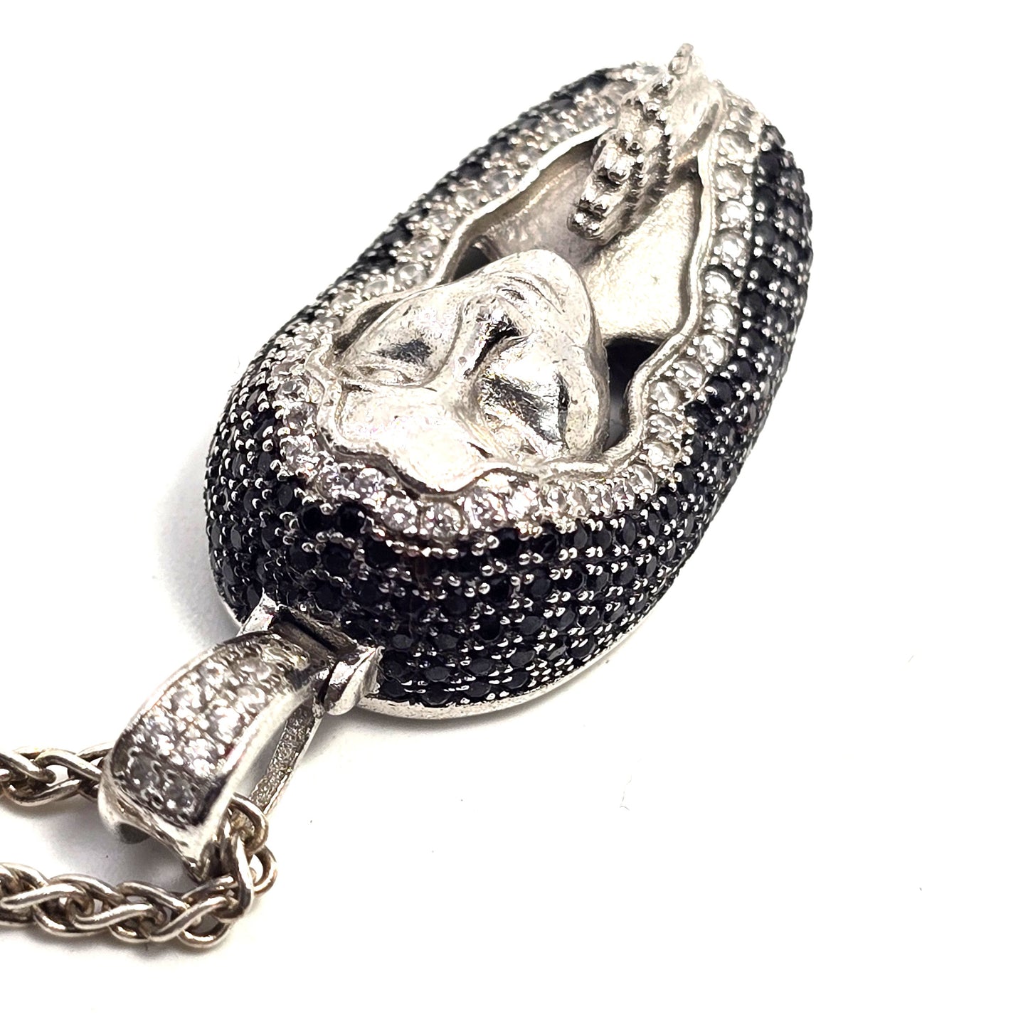 Madonna praying miraculous medal Mary black white Cubic Zirconia sterling silver necklace