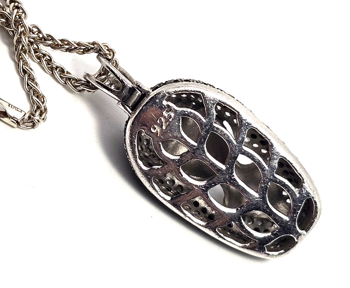 Madonna praying miraculous medal Mary black white Cubic Zirconia sterling silver necklace