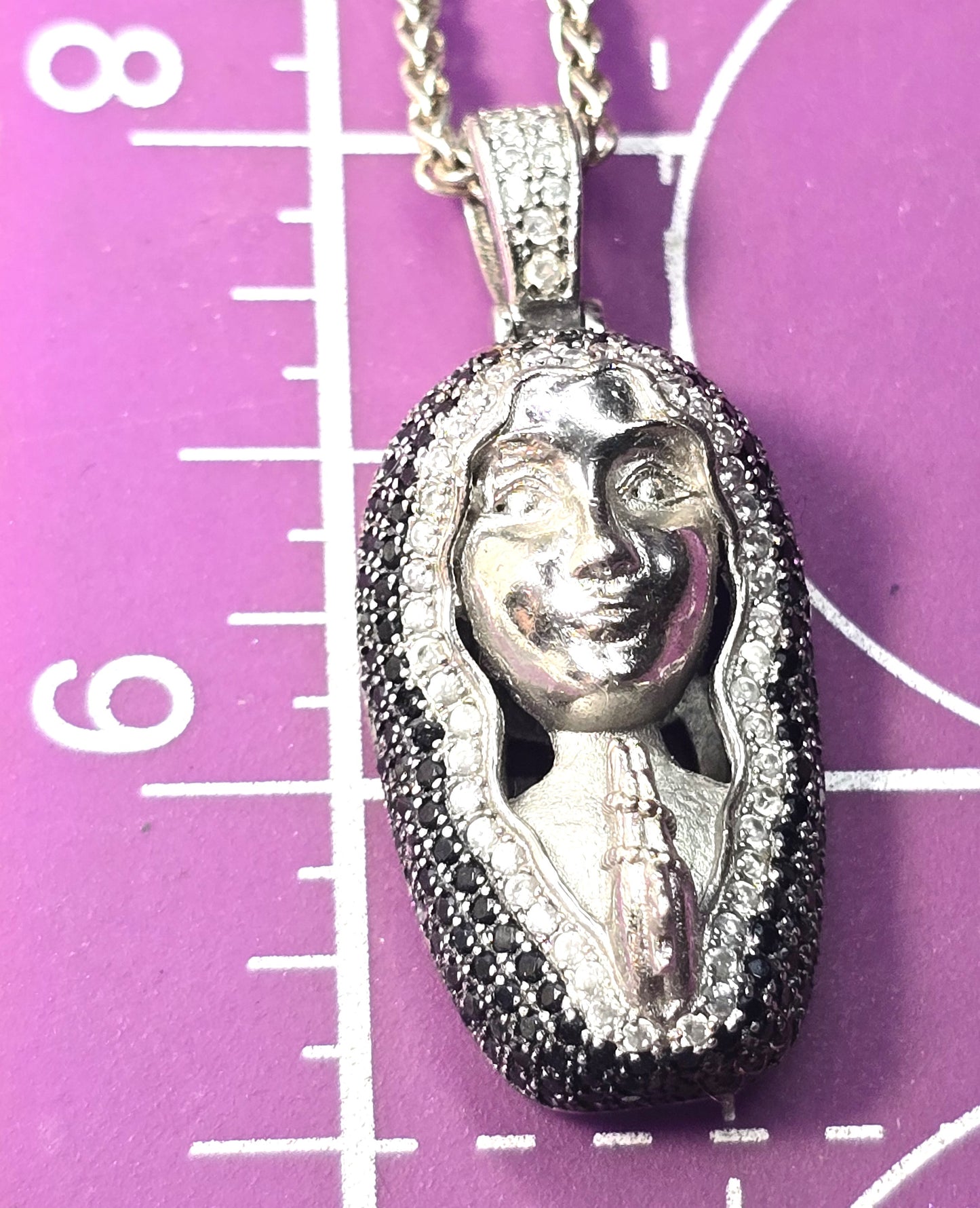 Madonna praying miraculous medal Mary black white Cubic Zirconia sterling silver necklace