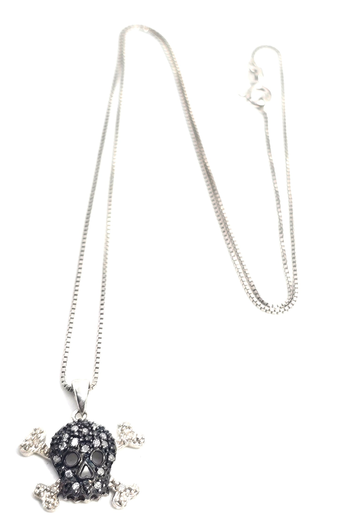 Jolly Roger skull and crossbones black and white diamond sterling silver necklace HN