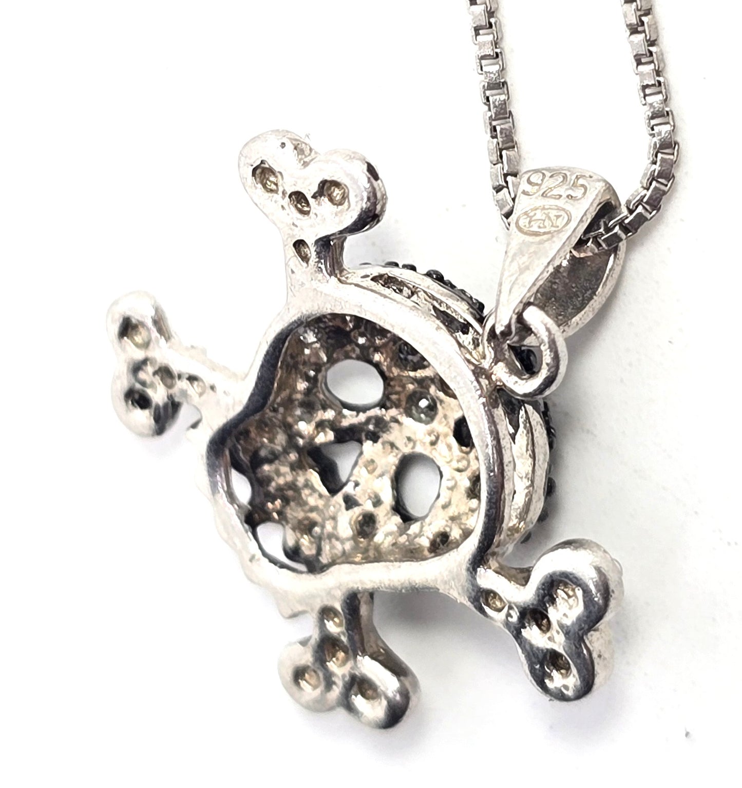 Jolly Roger skull and crossbones black and white diamond sterling silver necklace HN