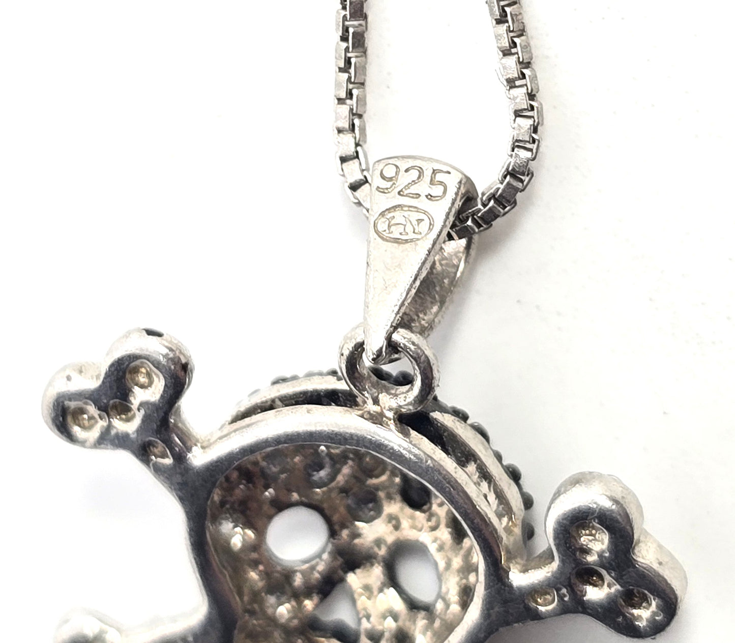 Jolly Roger skull and crossbones black and white diamond sterling silver necklace HN