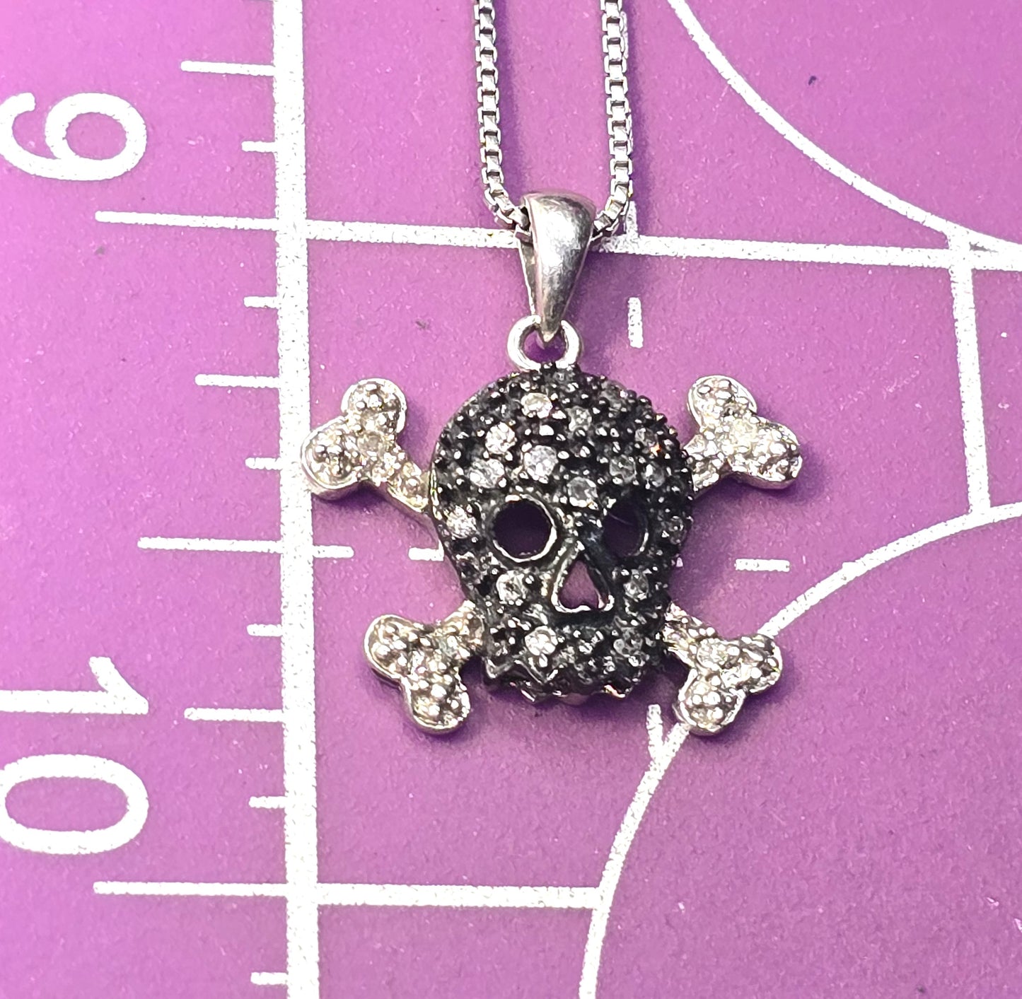 Jolly Roger skull and crossbones black and white diamond sterling silver necklace HN