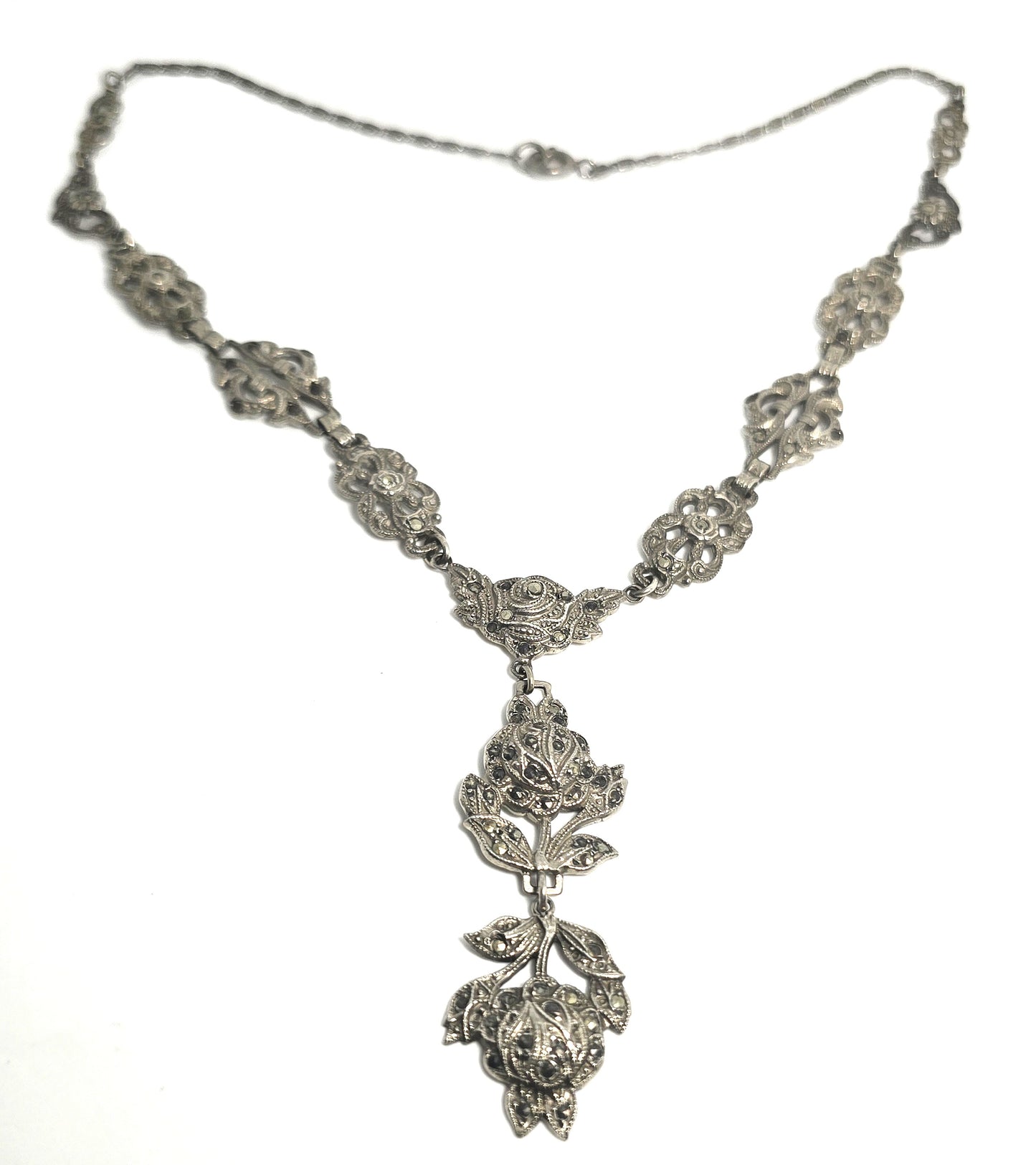 German Marcasite Rose antique Art Deco sterling silver lavalier necklace 1930's