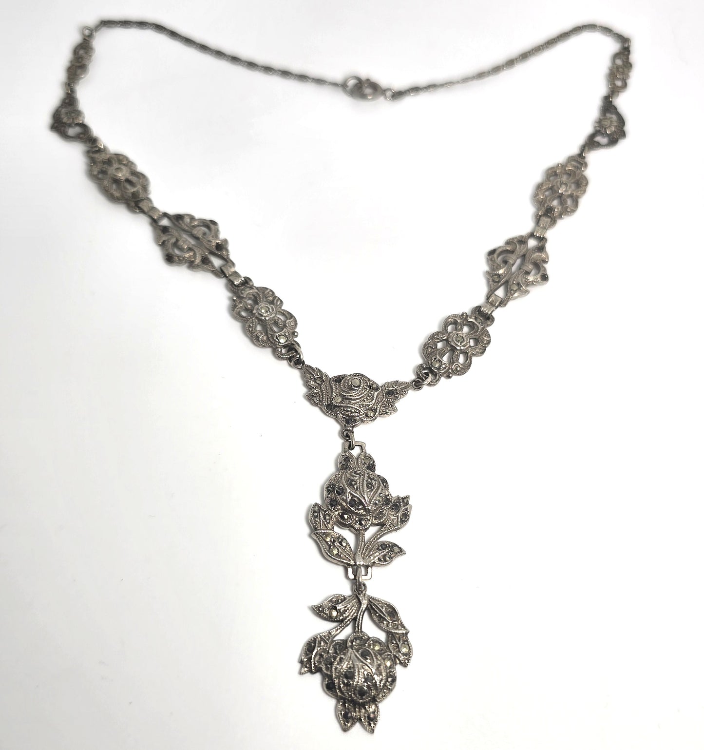 German Marcasite Rose antique Art Deco sterling silver lavalier necklace 1930's