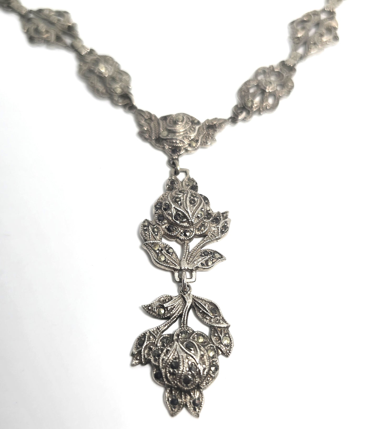 German Marcasite Rose antique Art Deco sterling silver lavalier necklace 1930's