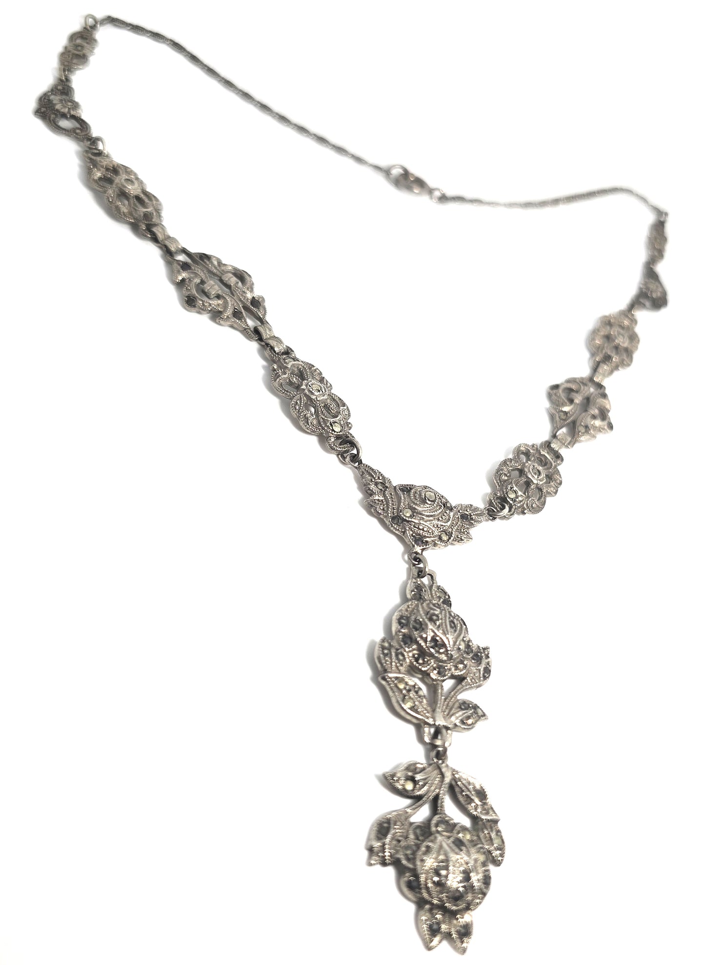 German Marcasite Rose antique Art Deco sterling silver lavalier necklace 1930's