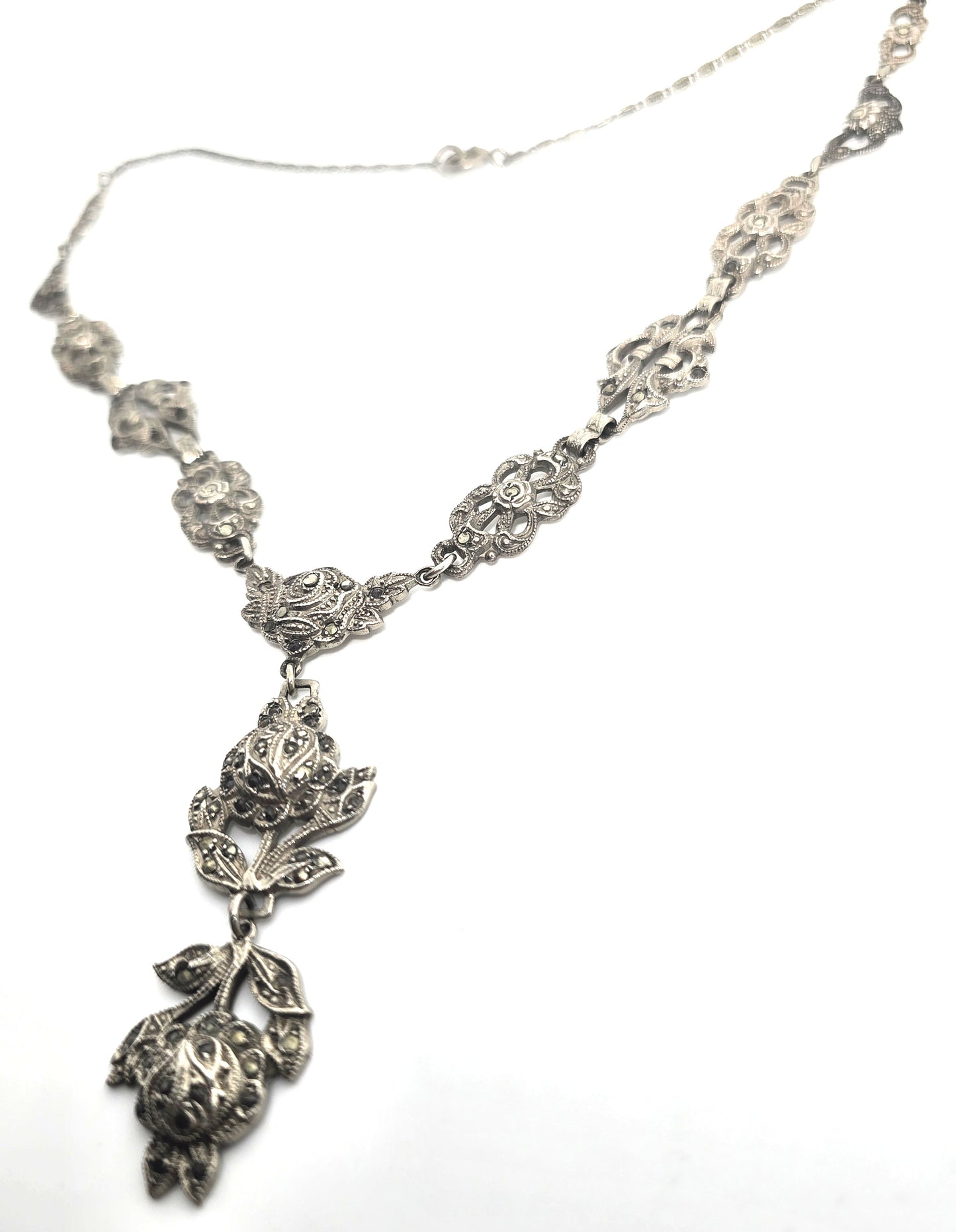 German Marcasite Rose antique Art Deco sterling silver lavalier necklace 1930's