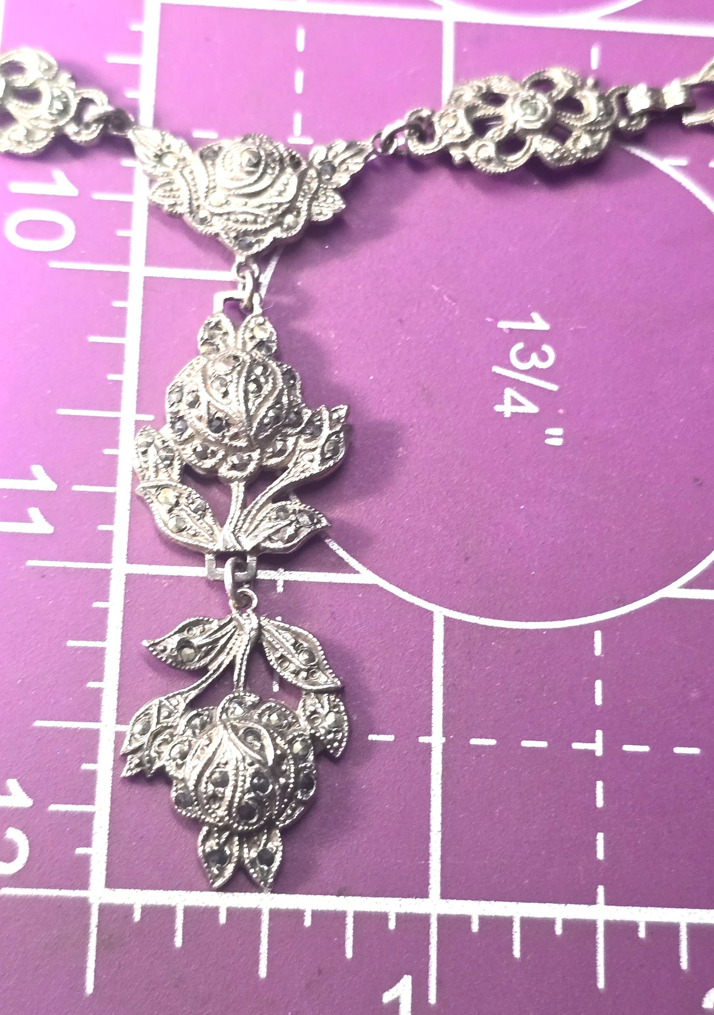 German Marcasite Rose antique Art Deco sterling silver lavalier necklace 1930's