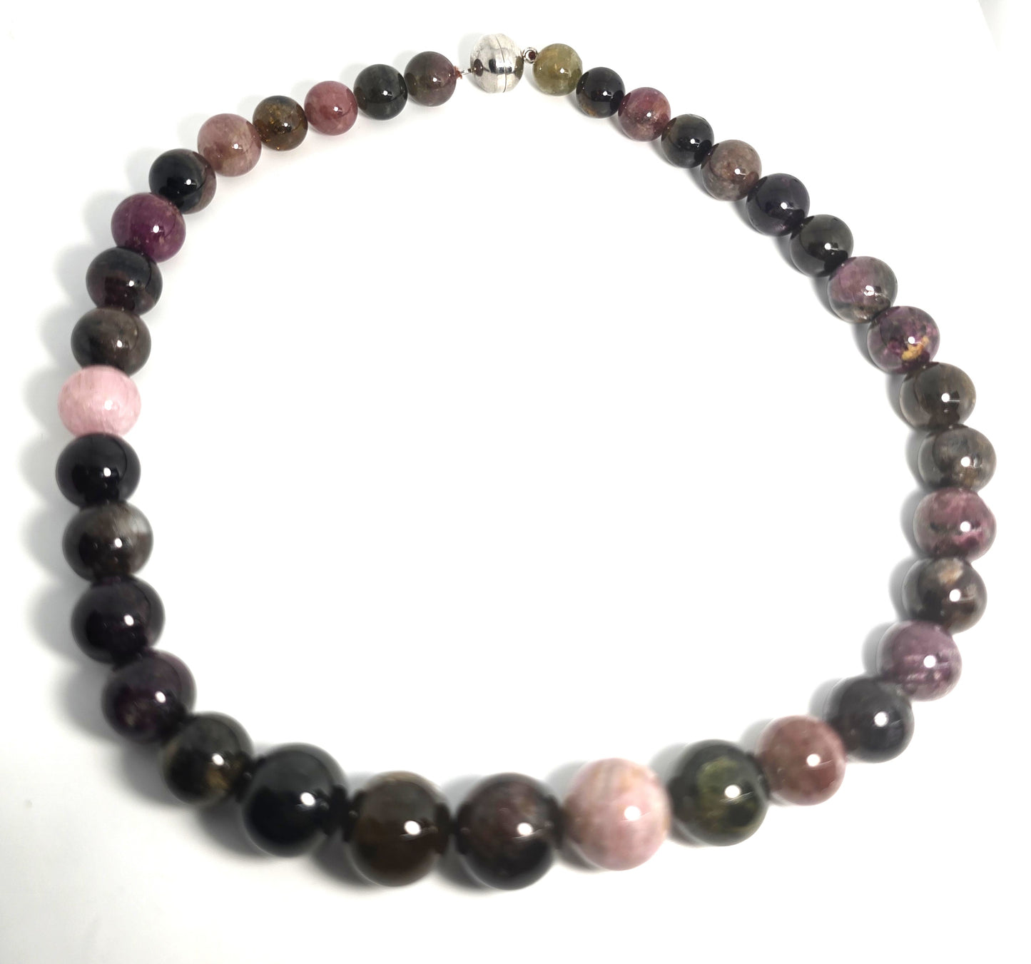 Rainbow Tourmaline graduated beaded gemstone sterling silver necklace magnetic