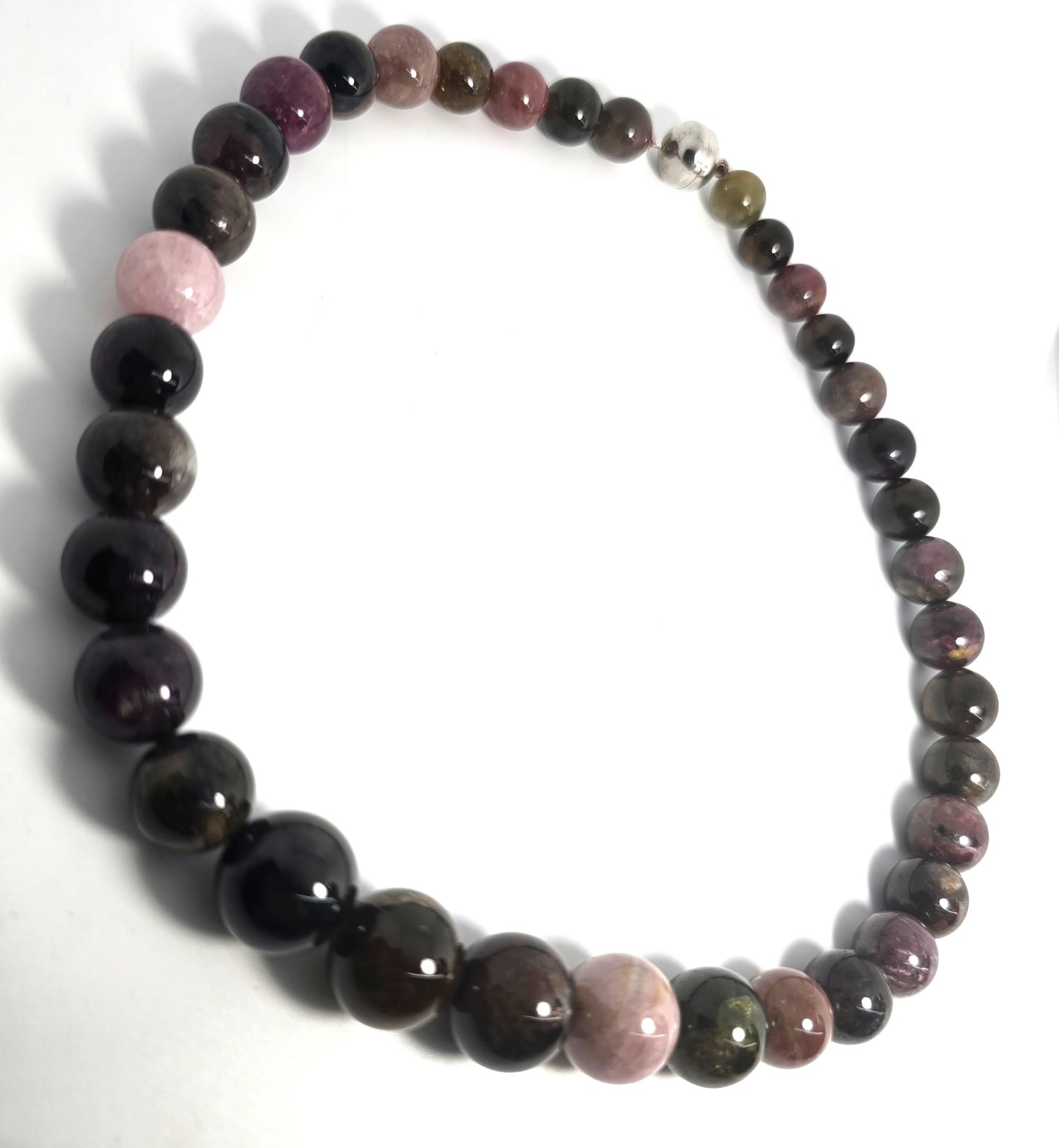 Rainbow Tourmaline graduated beaded gemstone sterling silver necklace magnetic